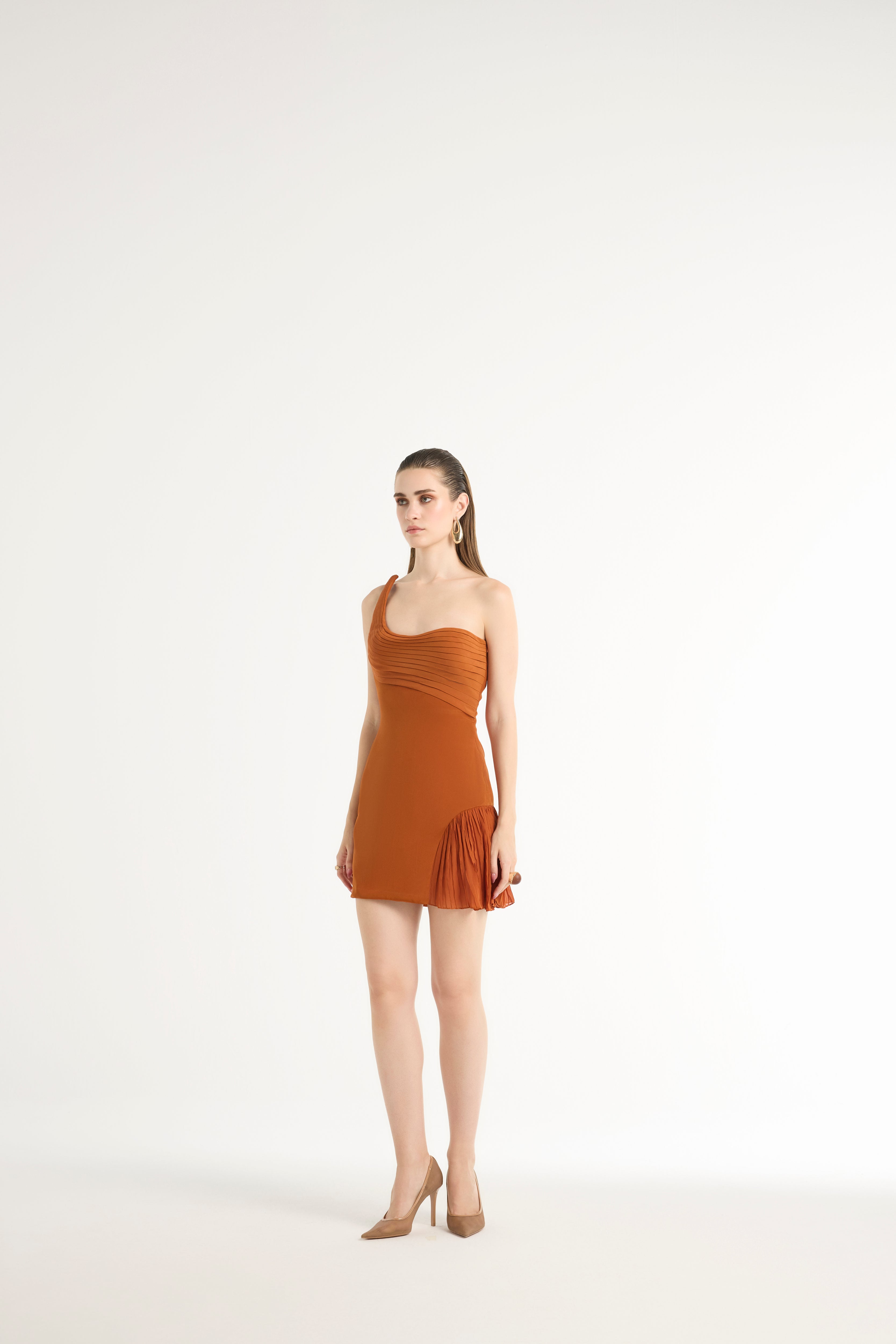Hand-Pleated Bandeau Dress in Orange