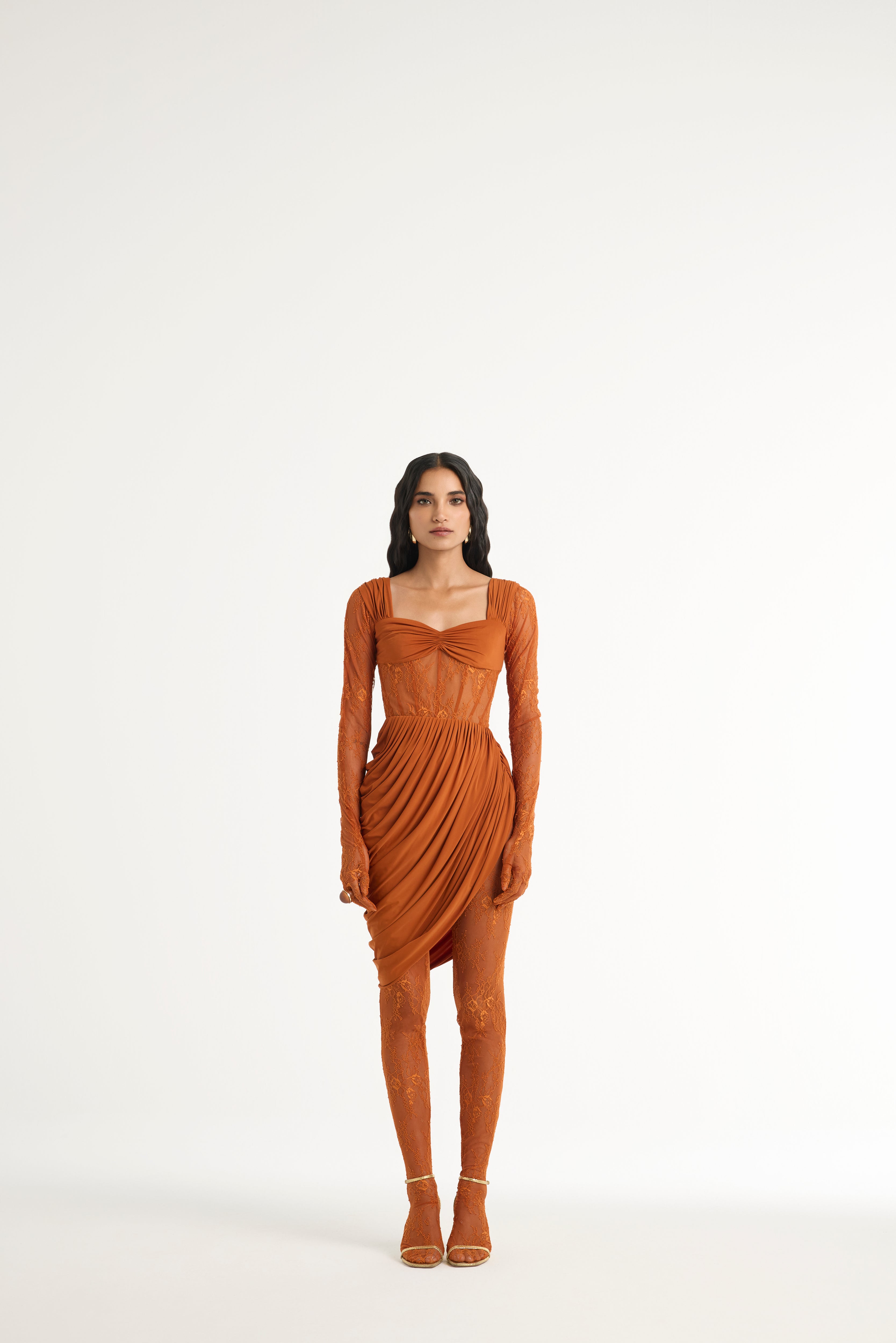 Draped Lace Dress Set in Orange