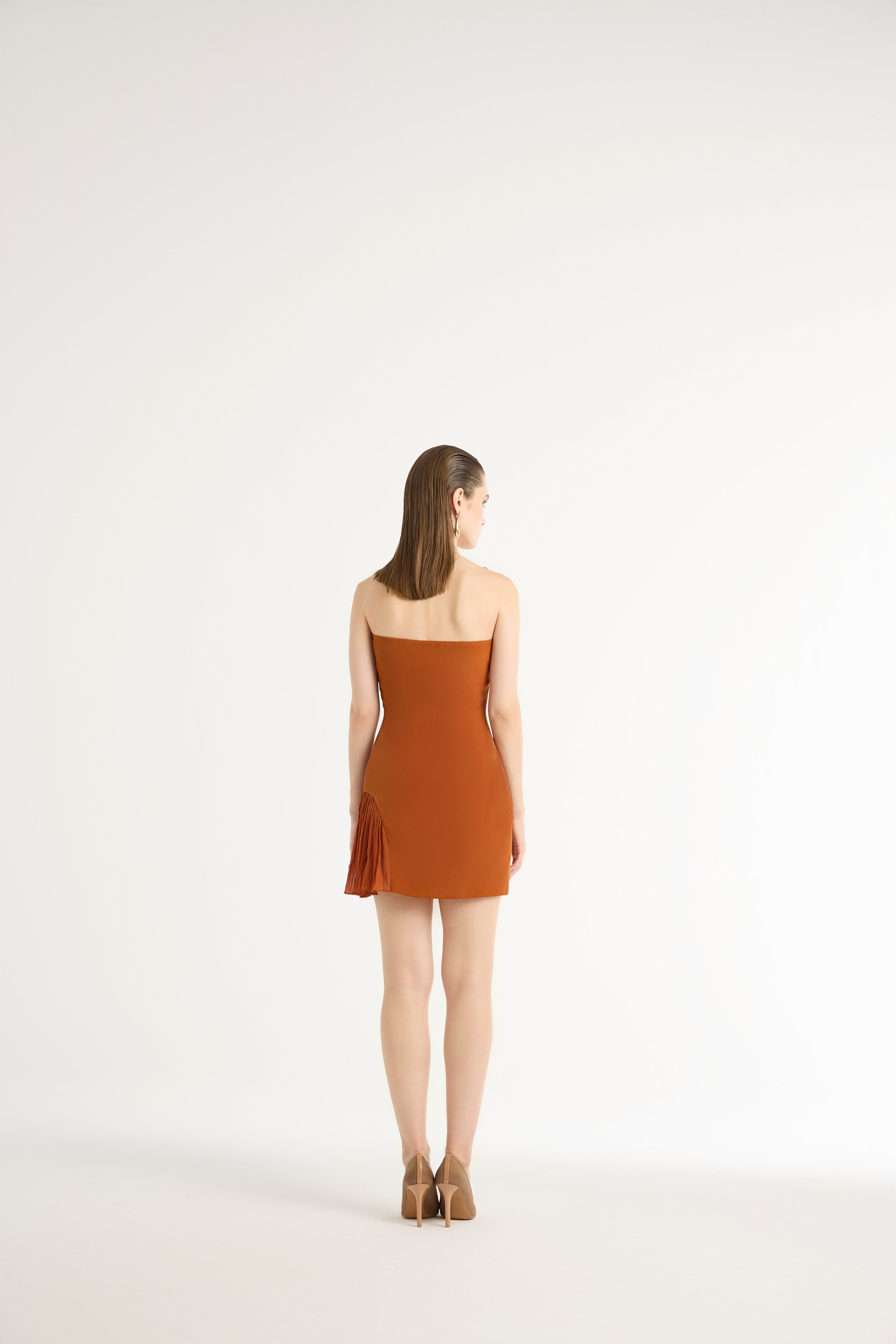 Hand-Pleated Bandeau Dress in Orange