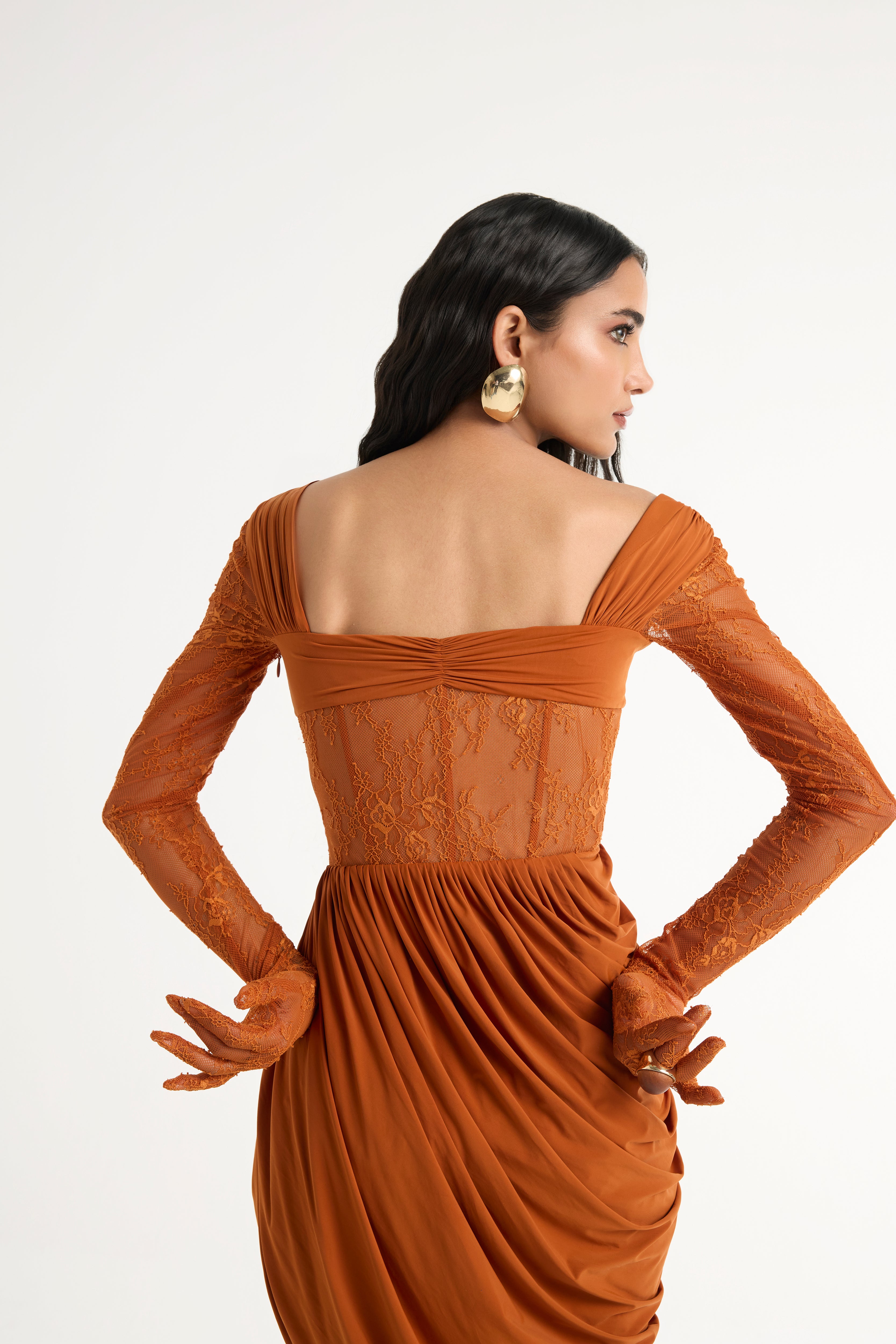 Draped Lace Dress Set in Orange