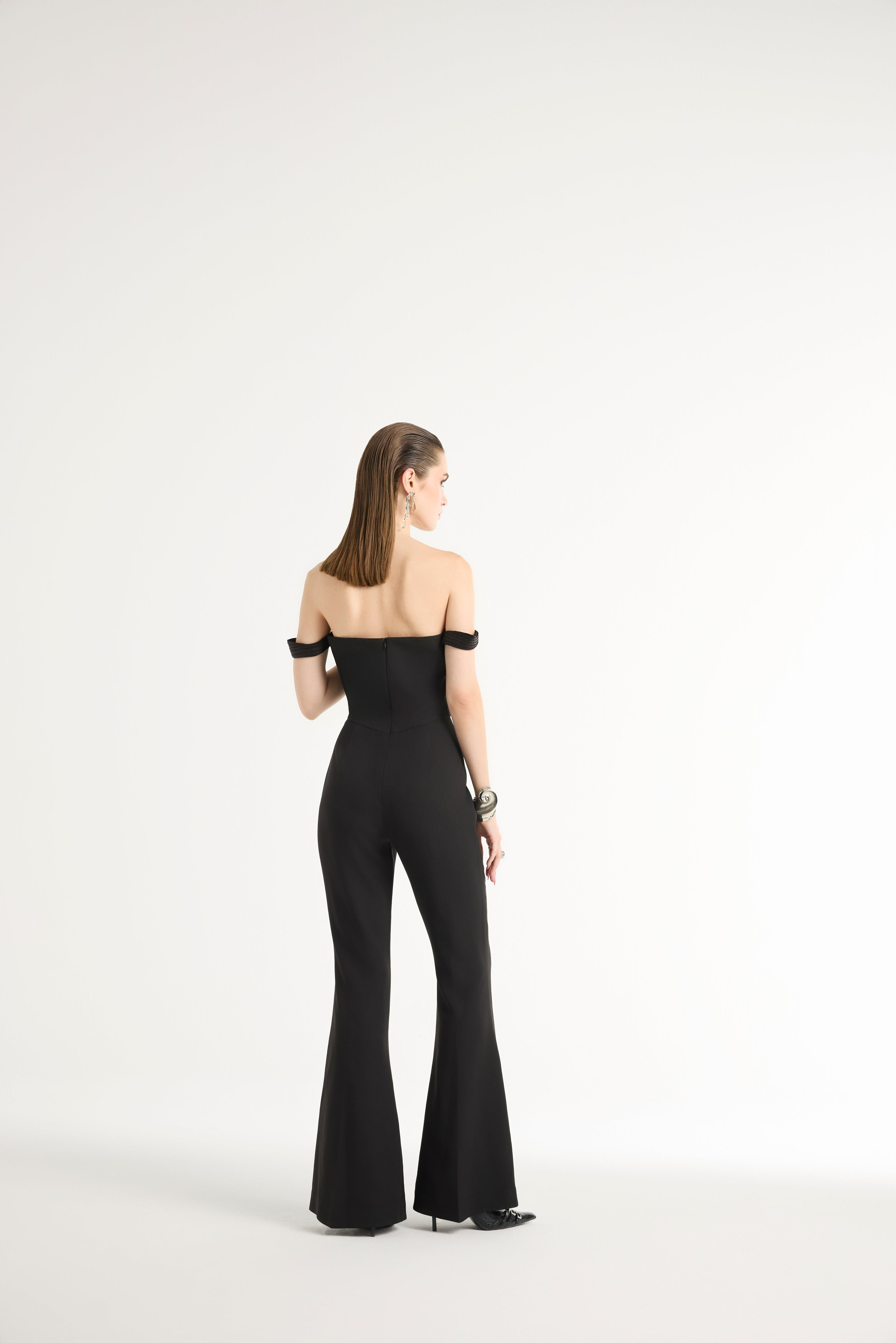 Off-Shoulder Pleated Jumpsuit in Black