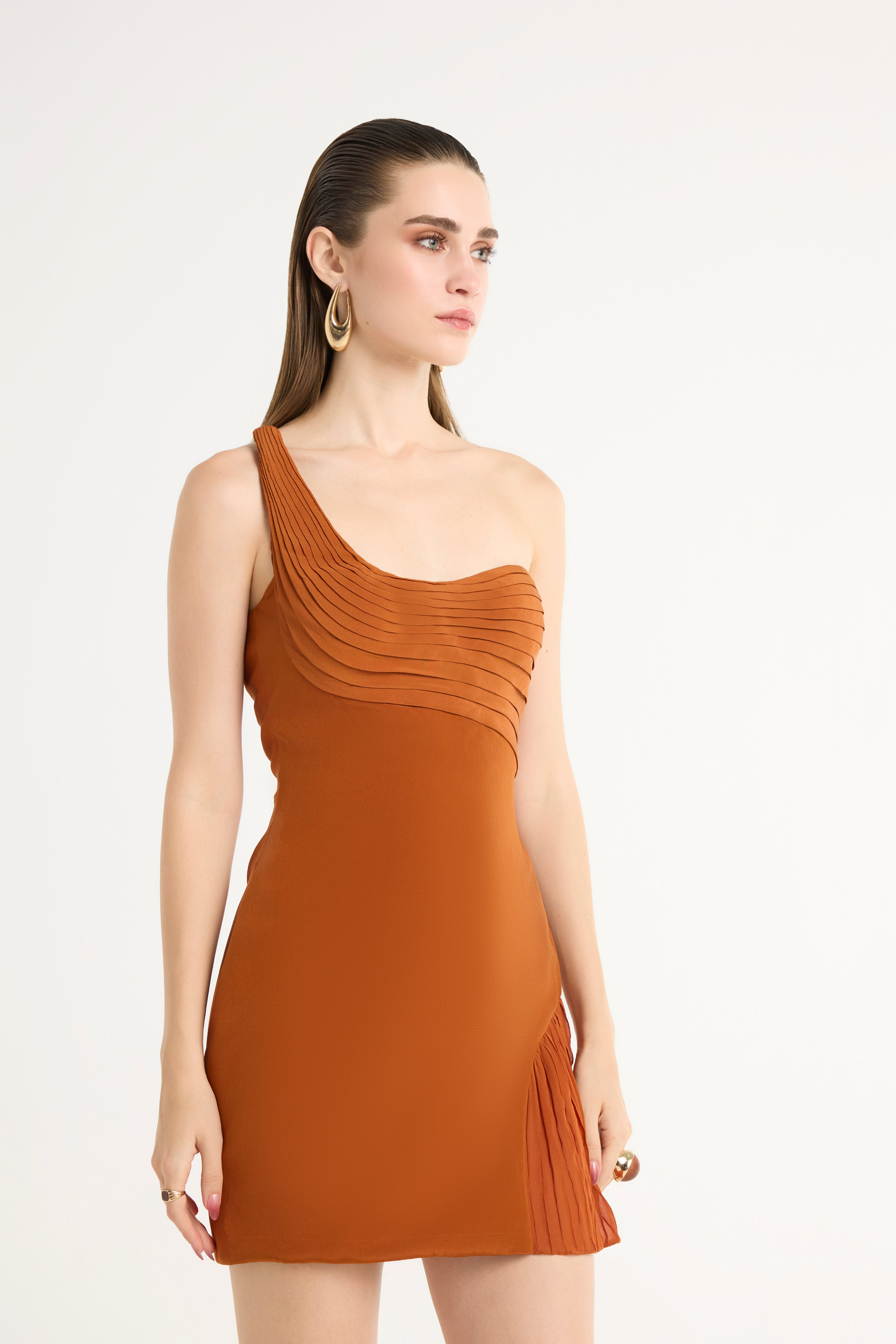 Hand-Pleated Bandeau Dress in Orange