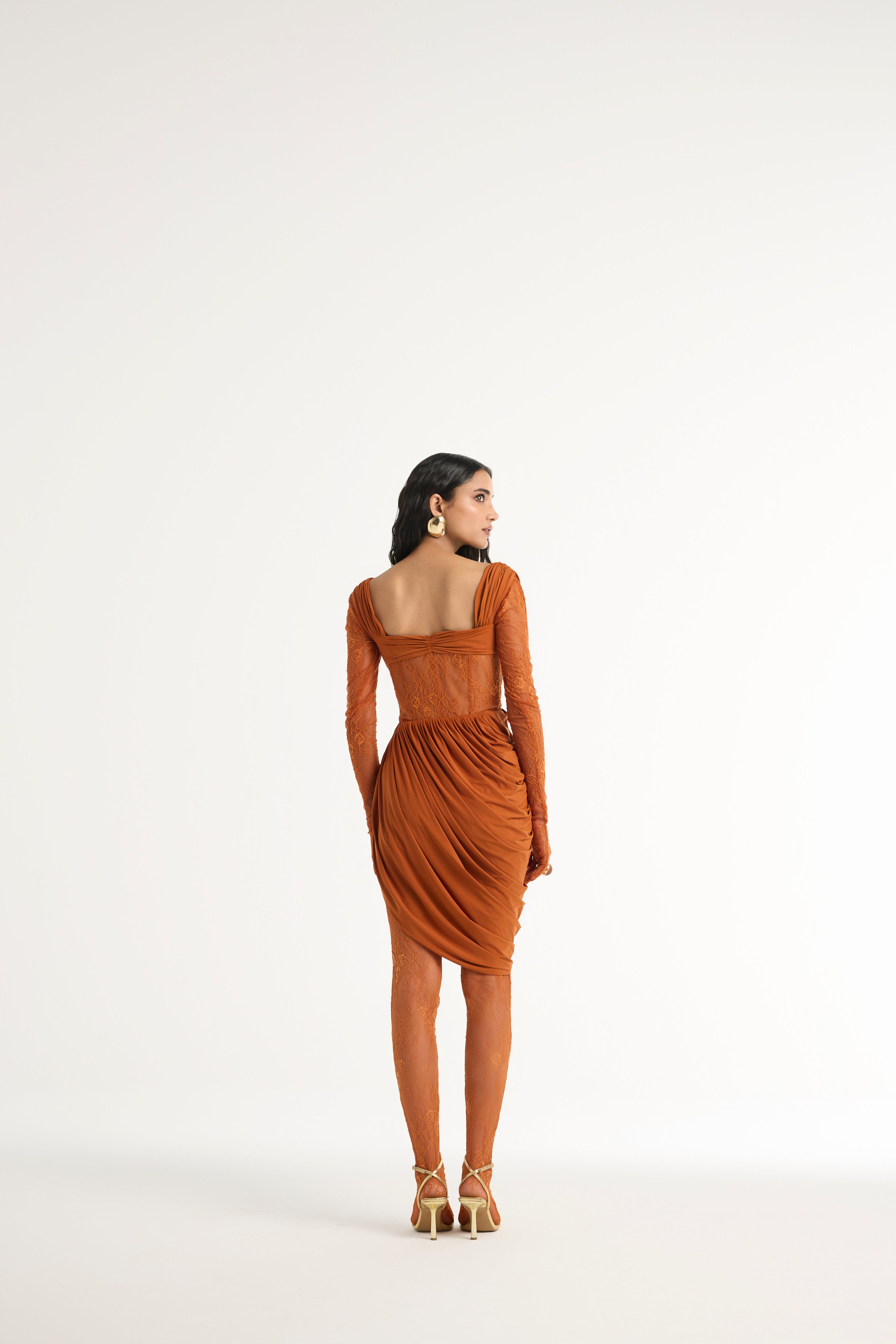 Draped Lace Dress Set in Orange