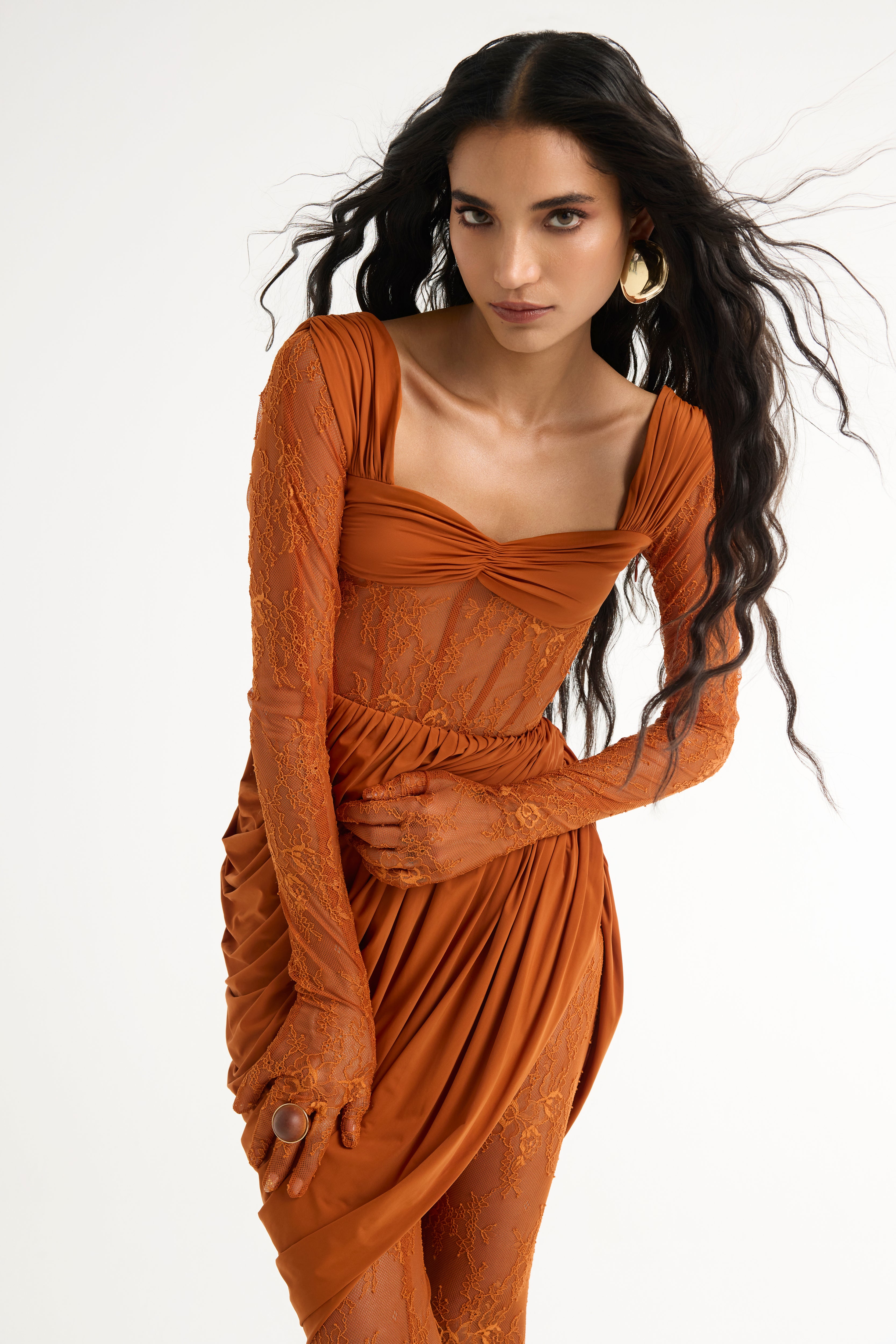 Draped Lace Dress Set in Orange