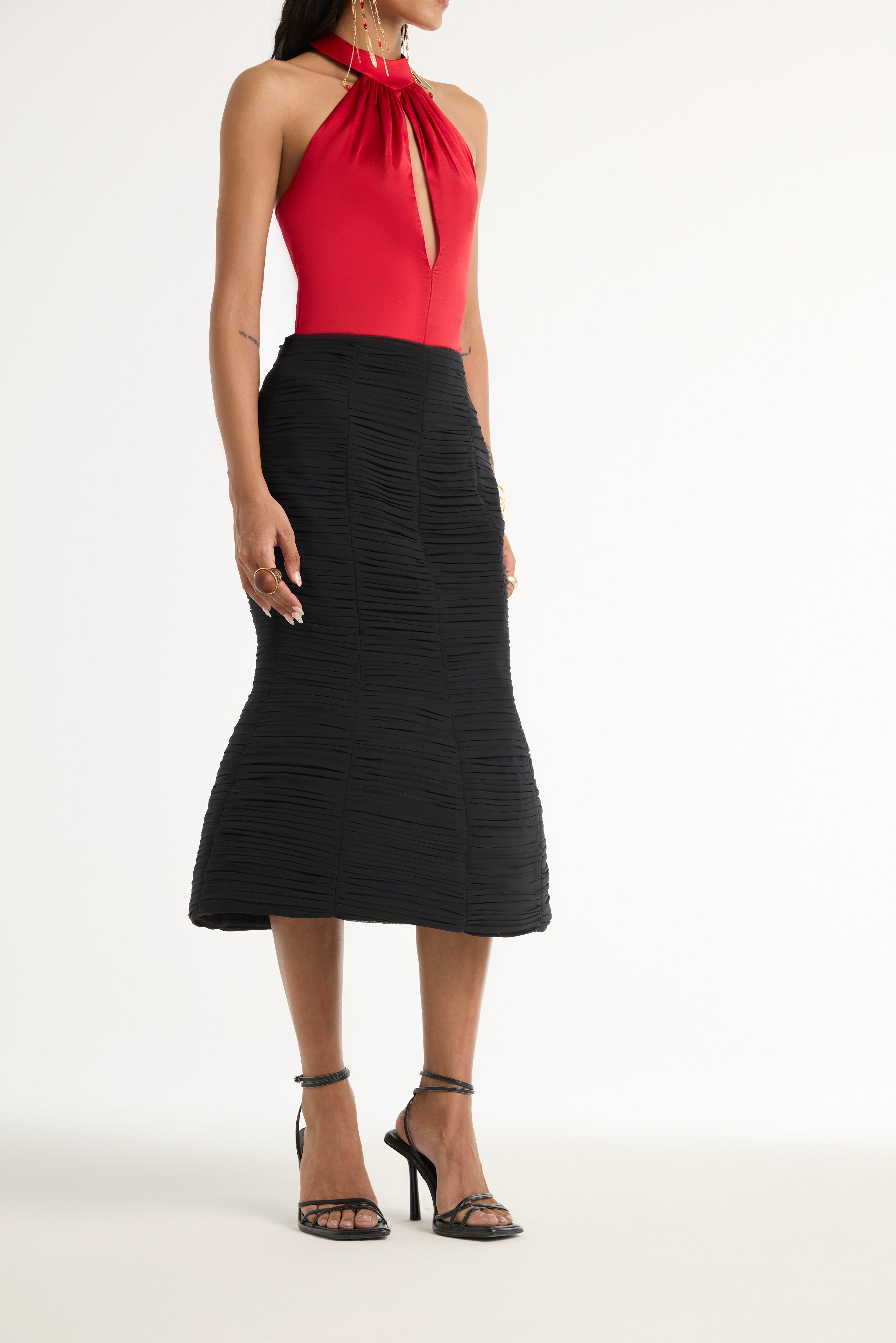 Ruched Dome Midi Skirt in Black