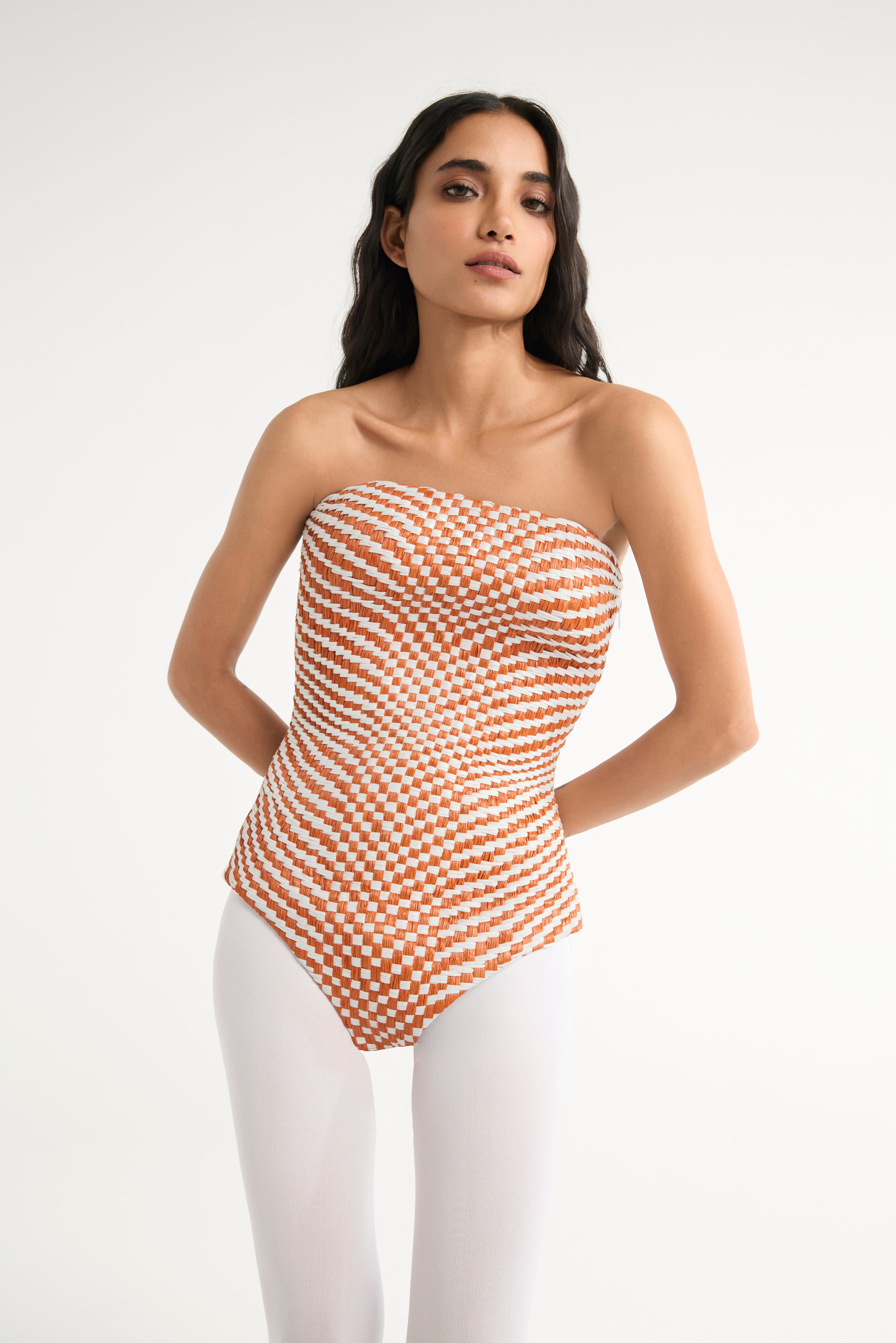 Woven Raffia Bodysuit with Detachable Cape