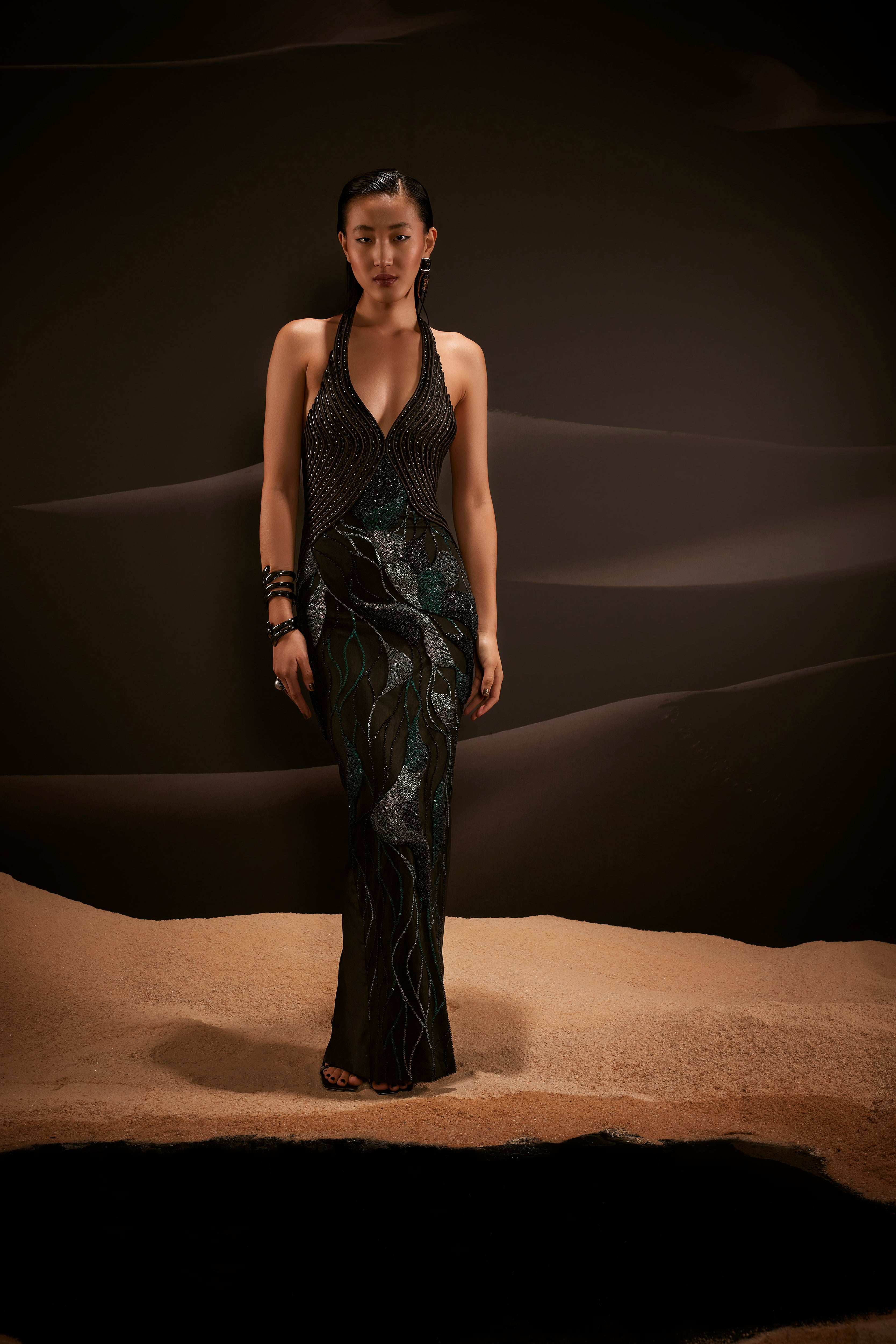 Embroidered Halterneck Sheath Dress in Black