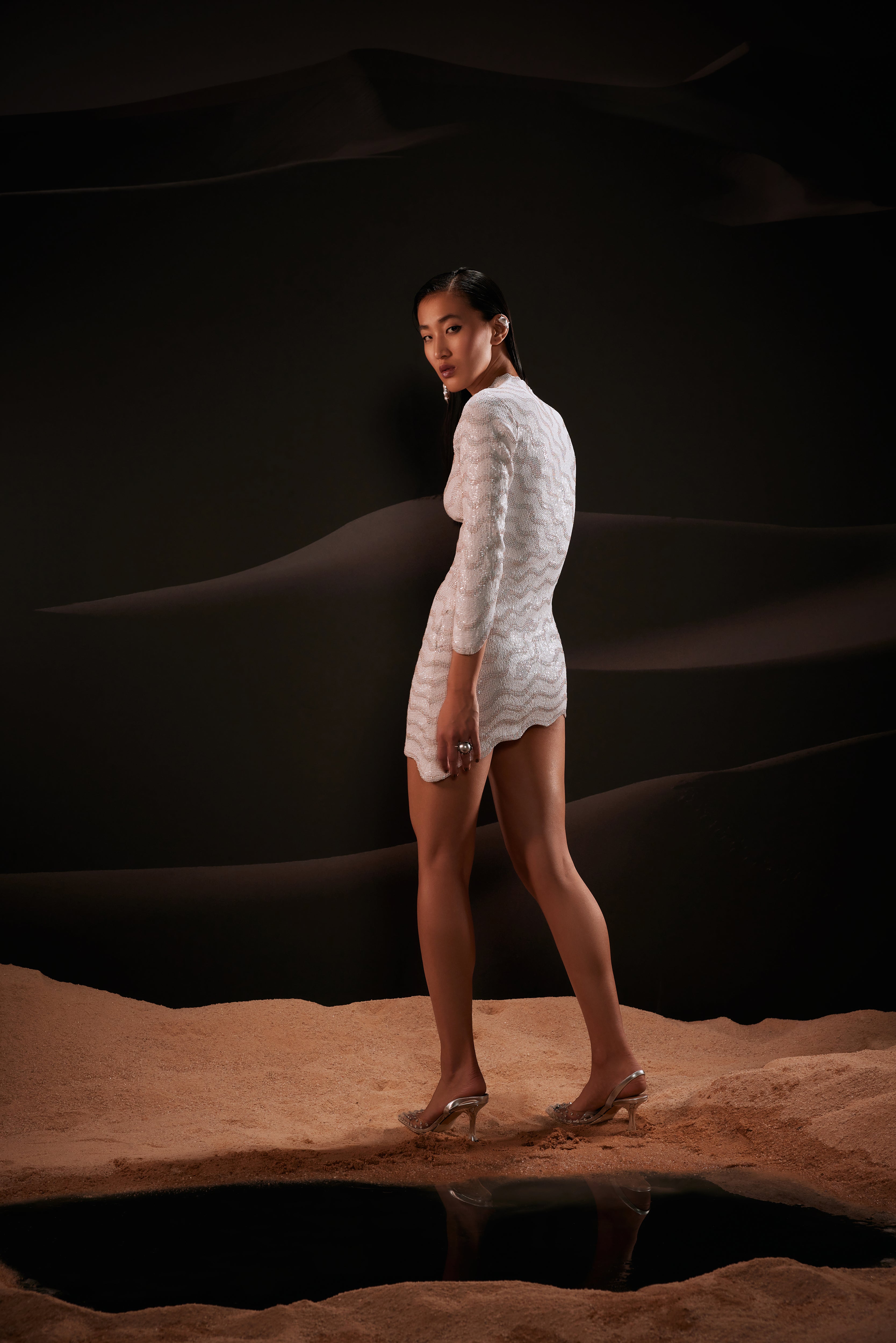 Thread Embroidered Sequin Mini Dress in White