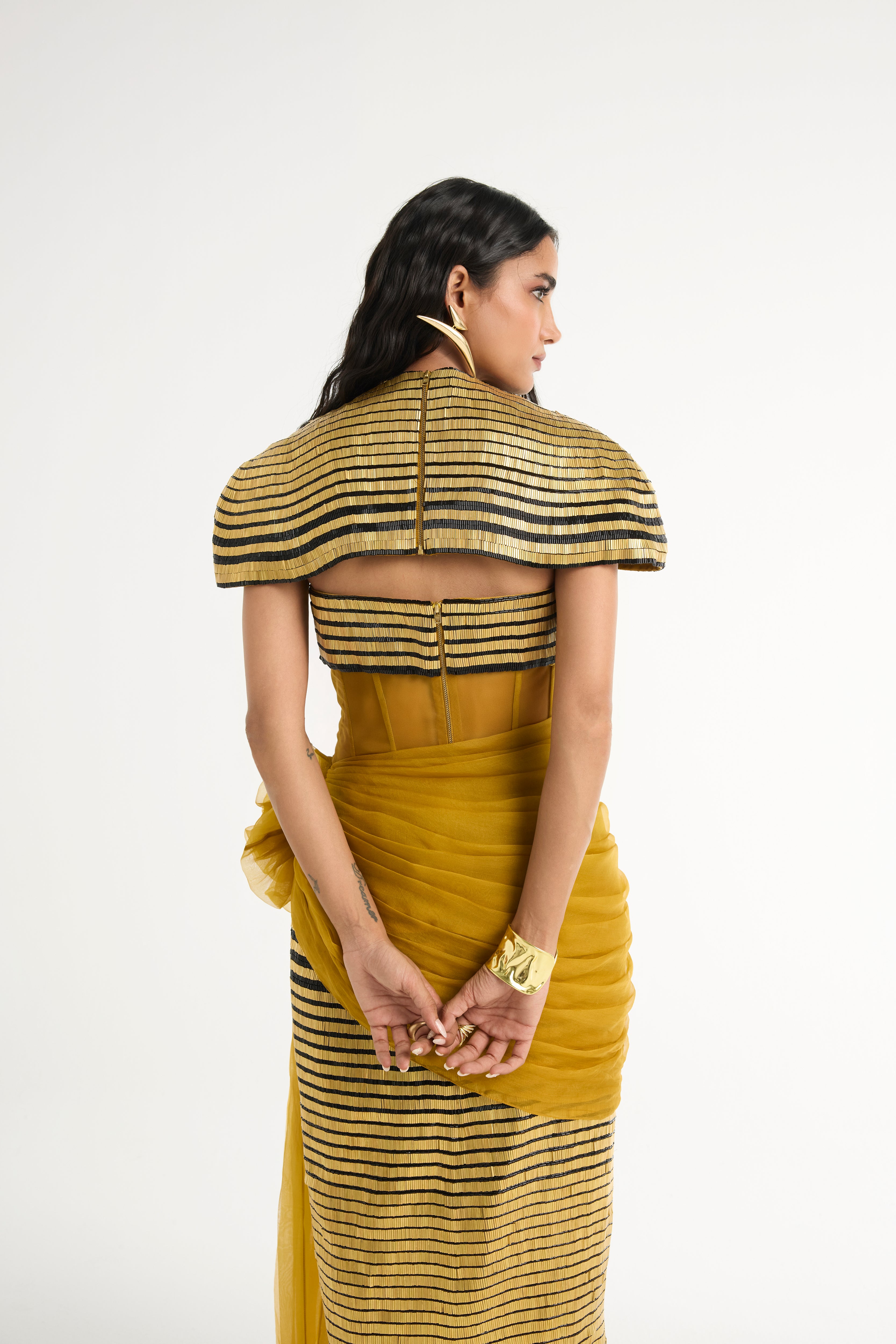 Metal Embroidered Gown with Detachable Cape in Gold