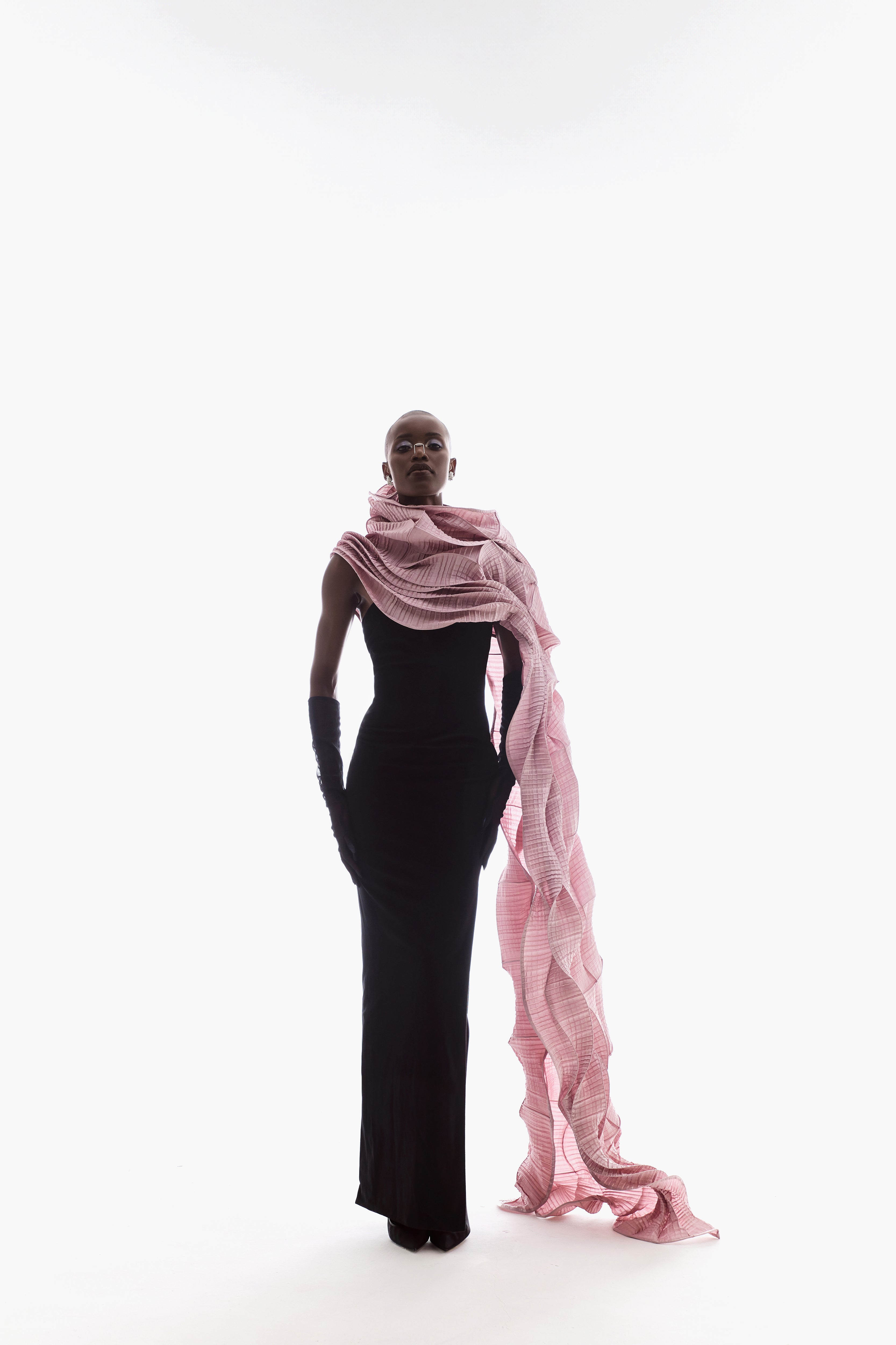 BANDEAU VELVET GOWN WITH DETACHABLE DRAPE