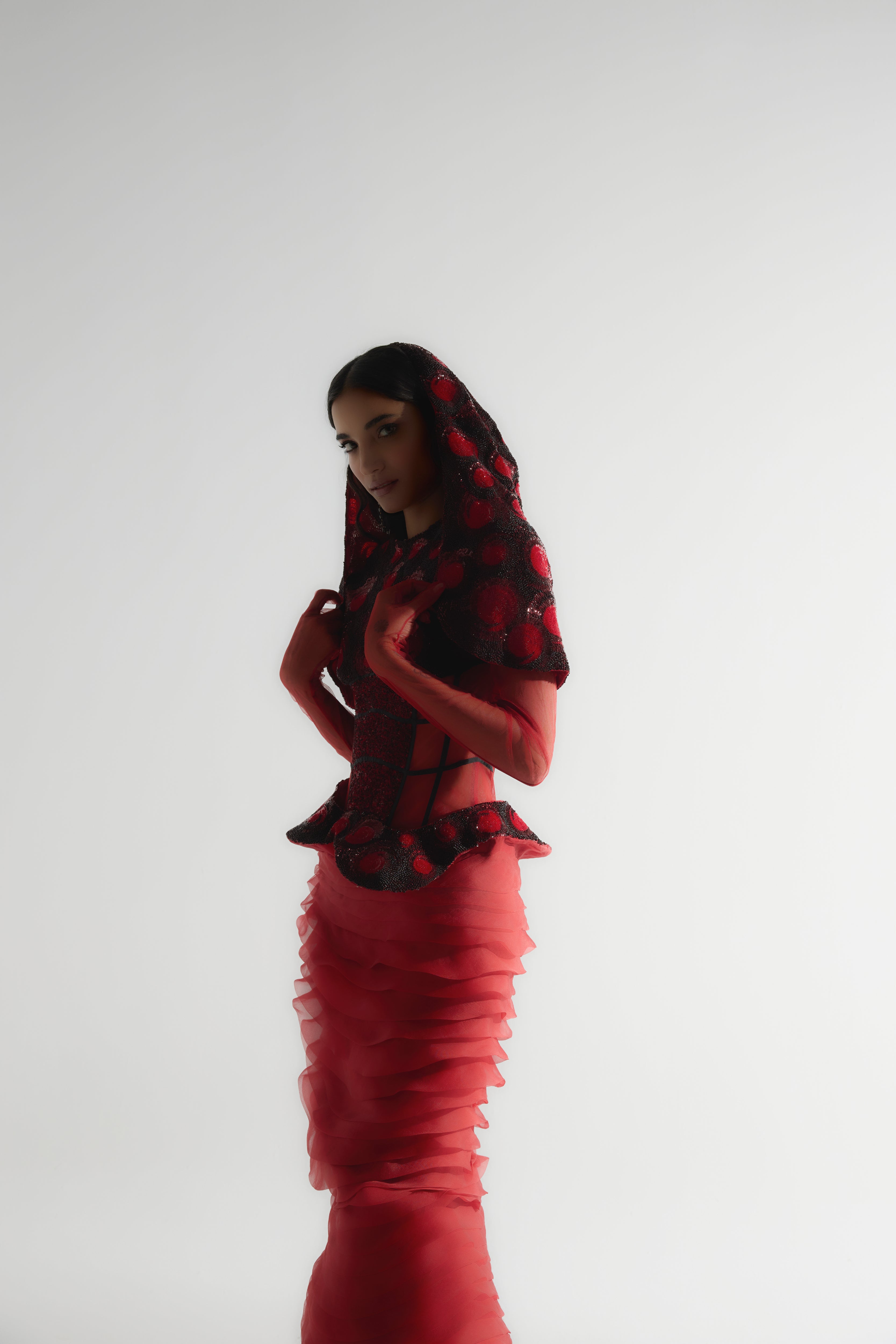 Embroidered Structured Gown with Detachable Veil in Red