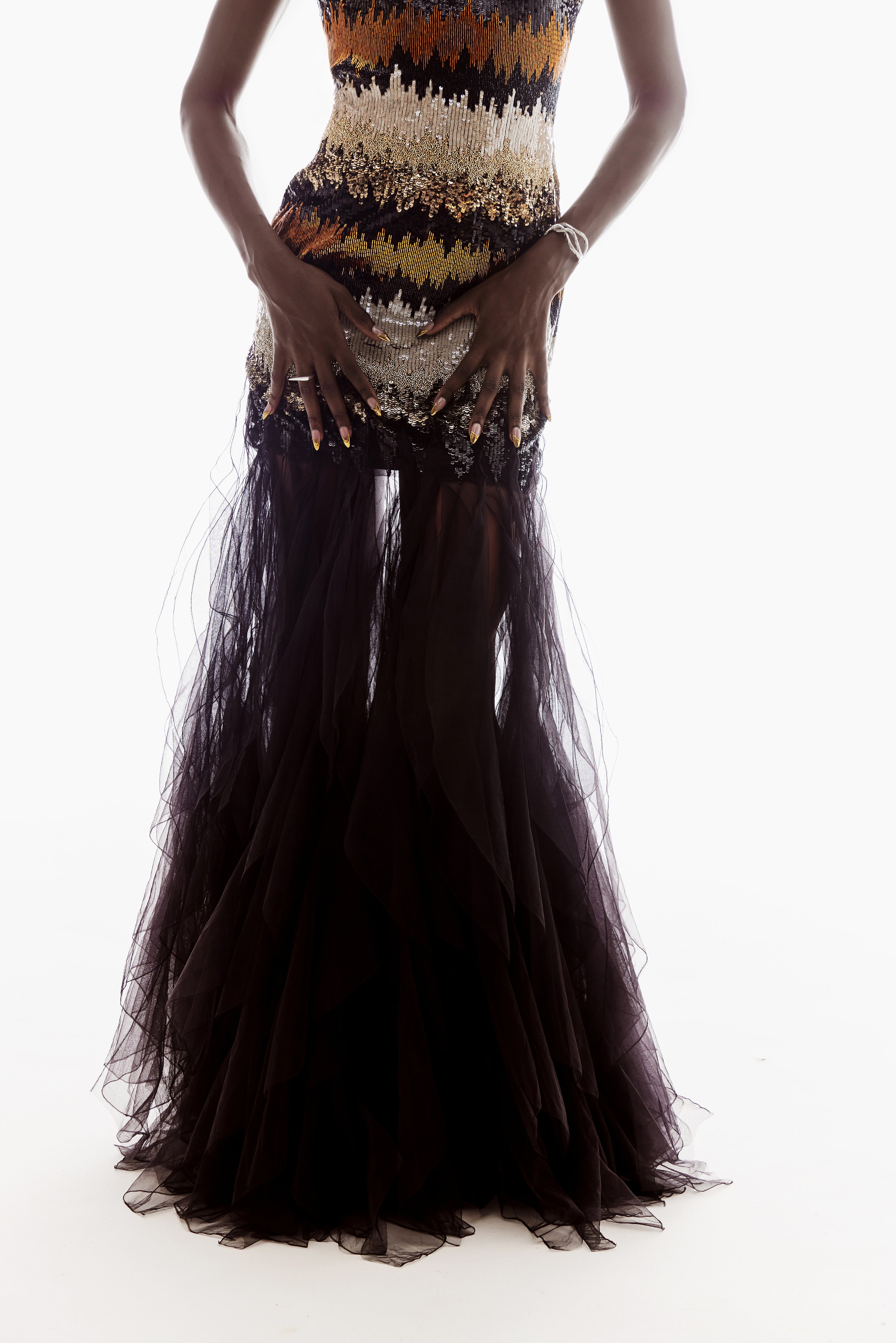 HAND-EMBELLISHED RUFFLE GOWN IN BLACK