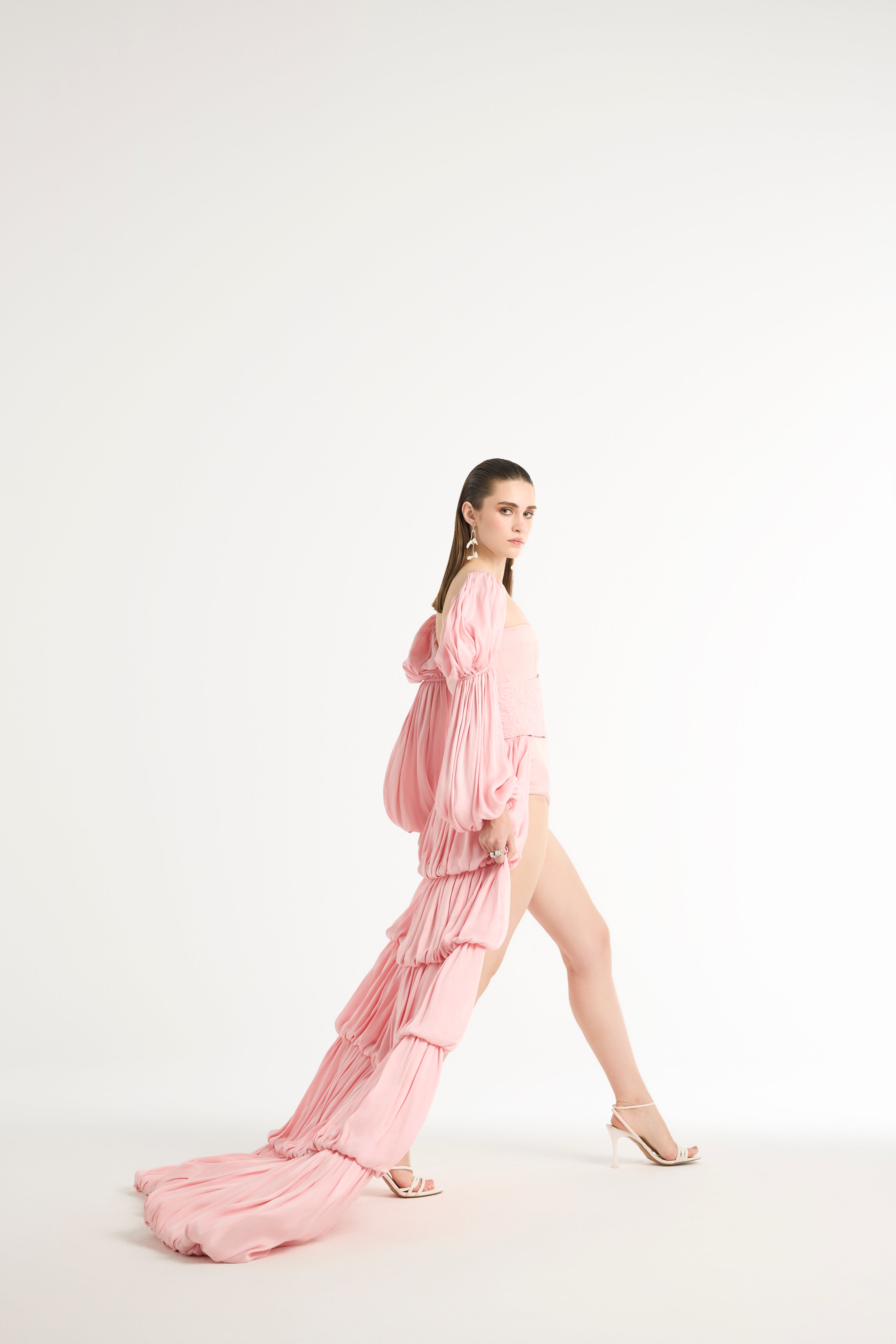 Marie Sleeves Bodysuit with Detachable Trail in Pink