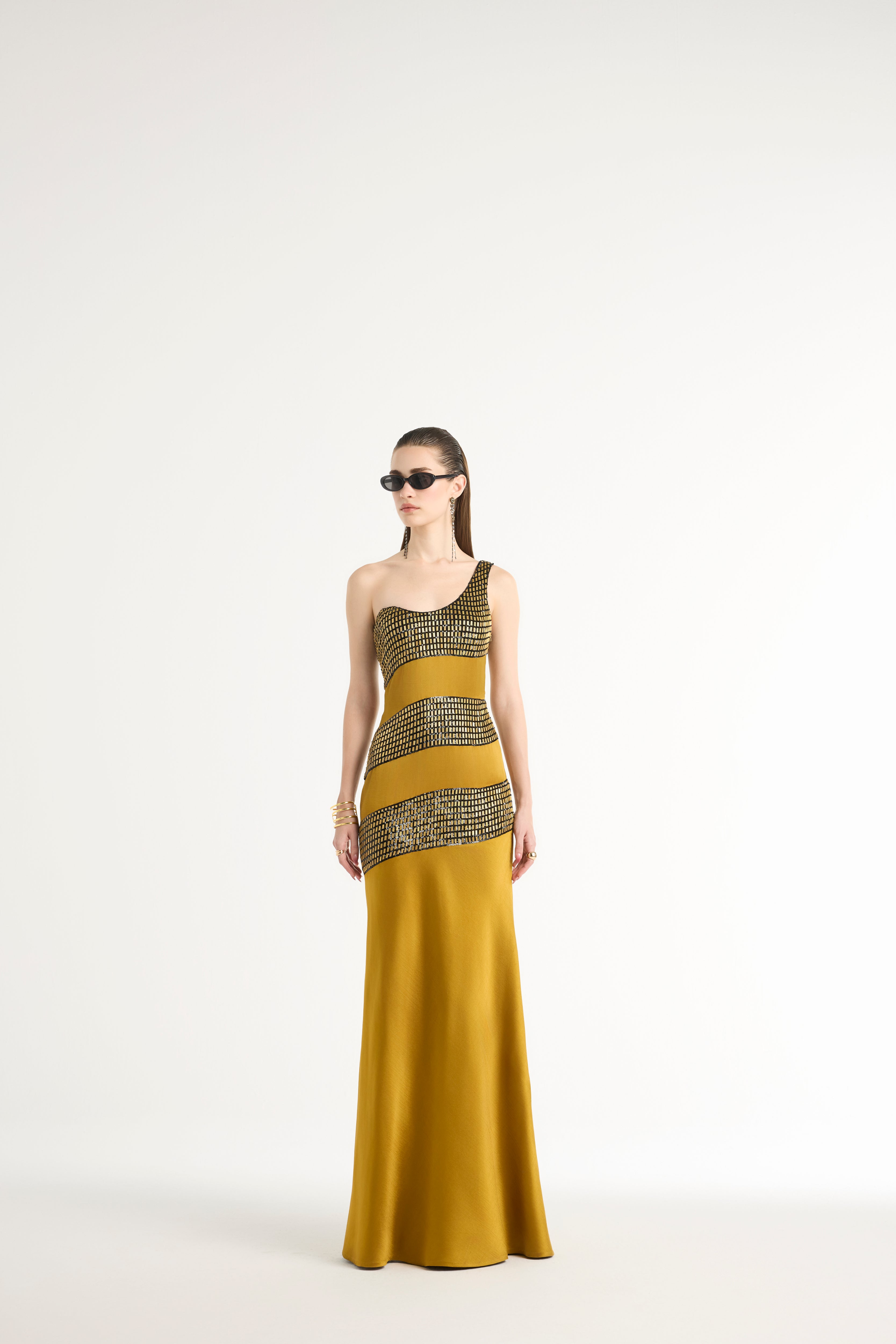 Metal Embellished One-Shoulder Maxi in Gold