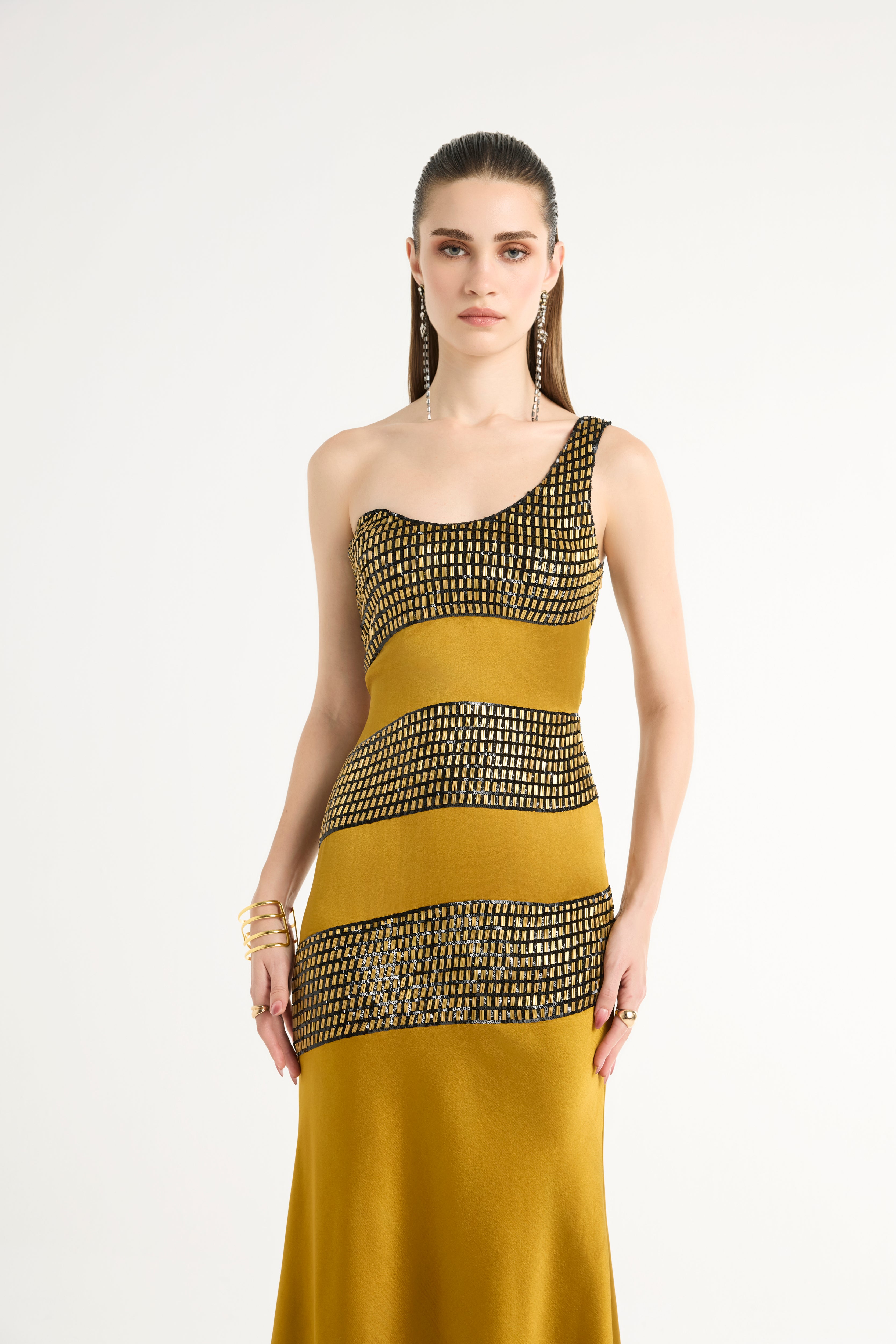 Metal Embellished One-Shoulder Maxi in Gold