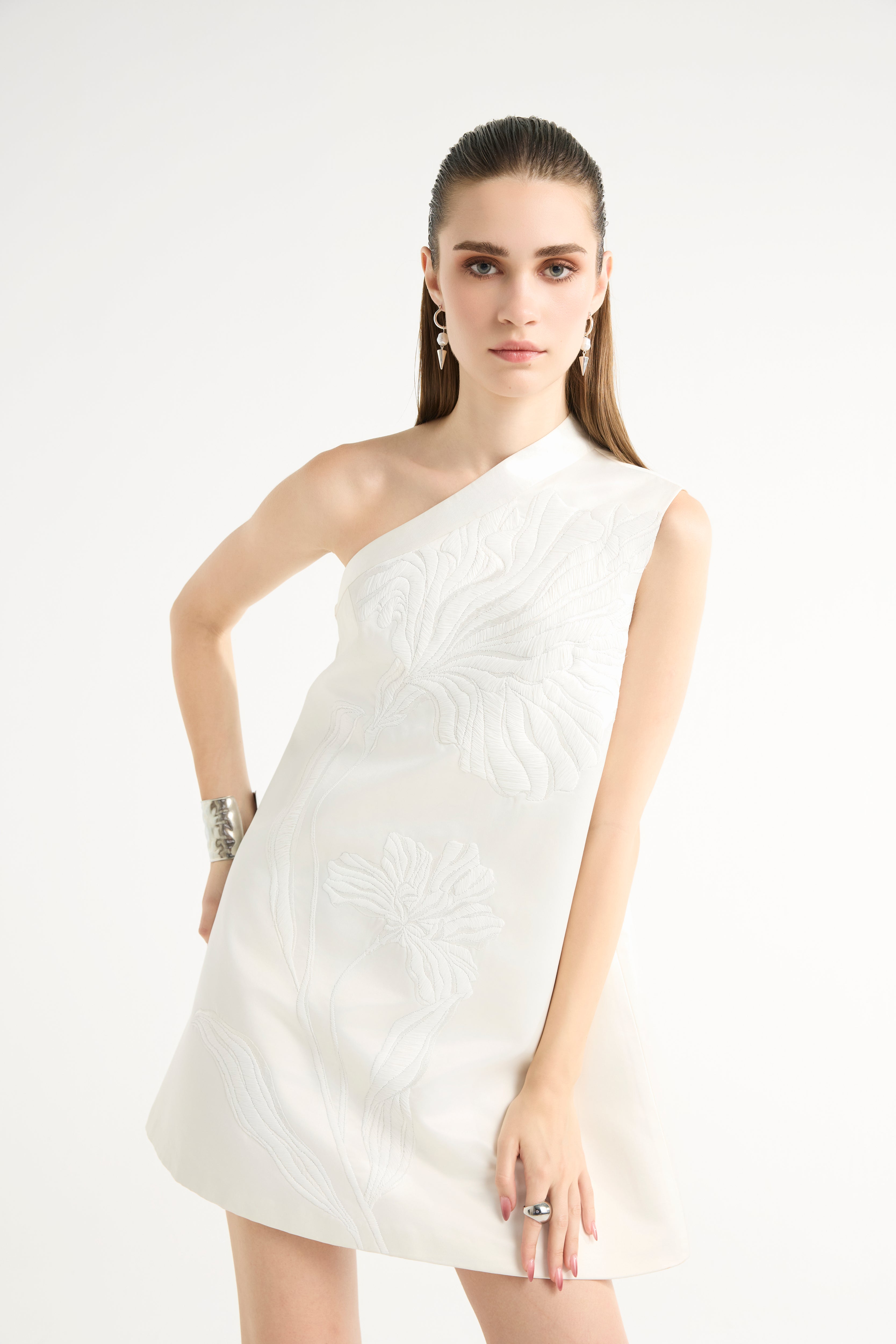 One-Shoulder Raffia Mini Dress in White