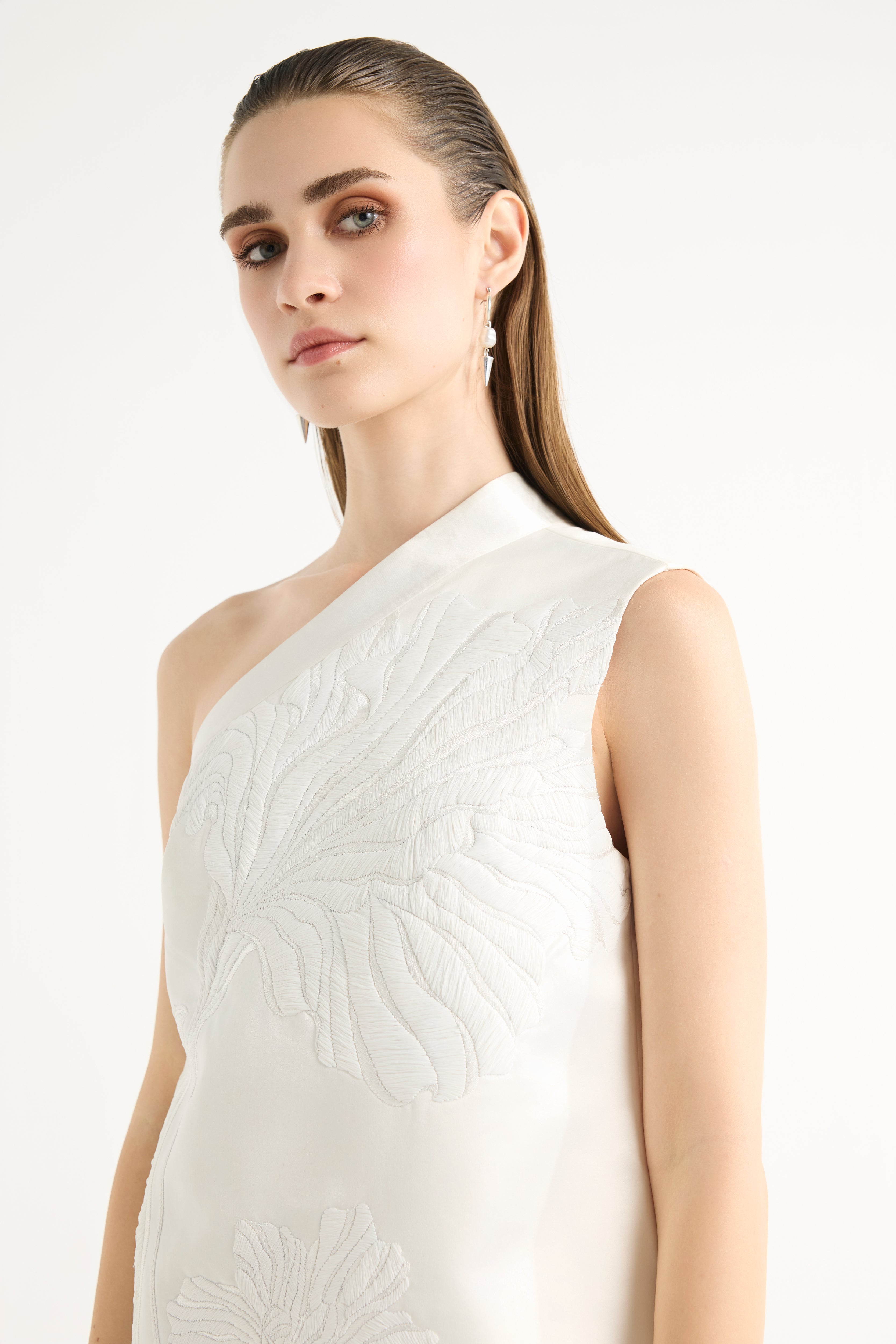 One-Shoulder Raffia Mini Dress in White