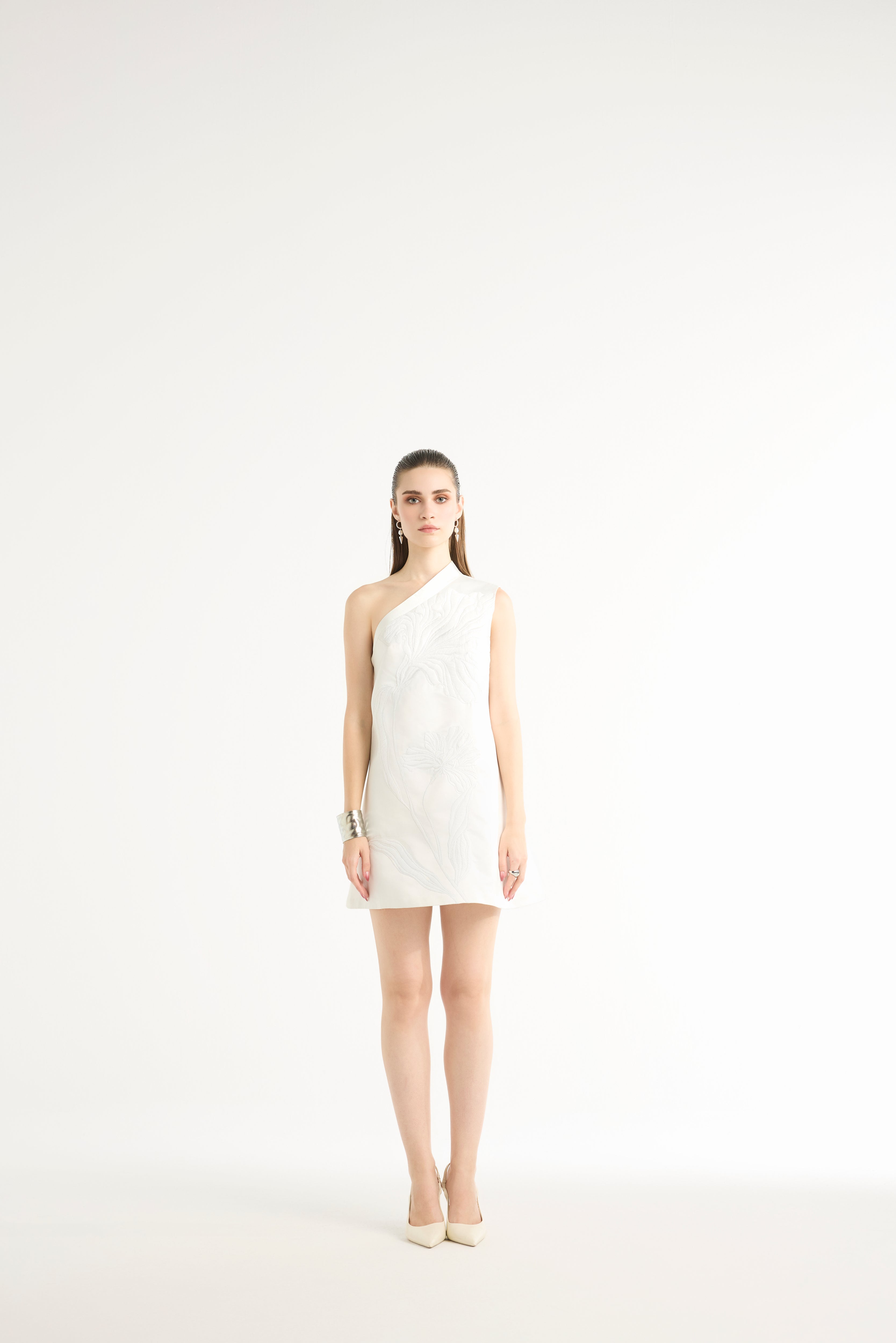 One-Shoulder Raffia Mini Dress in White
