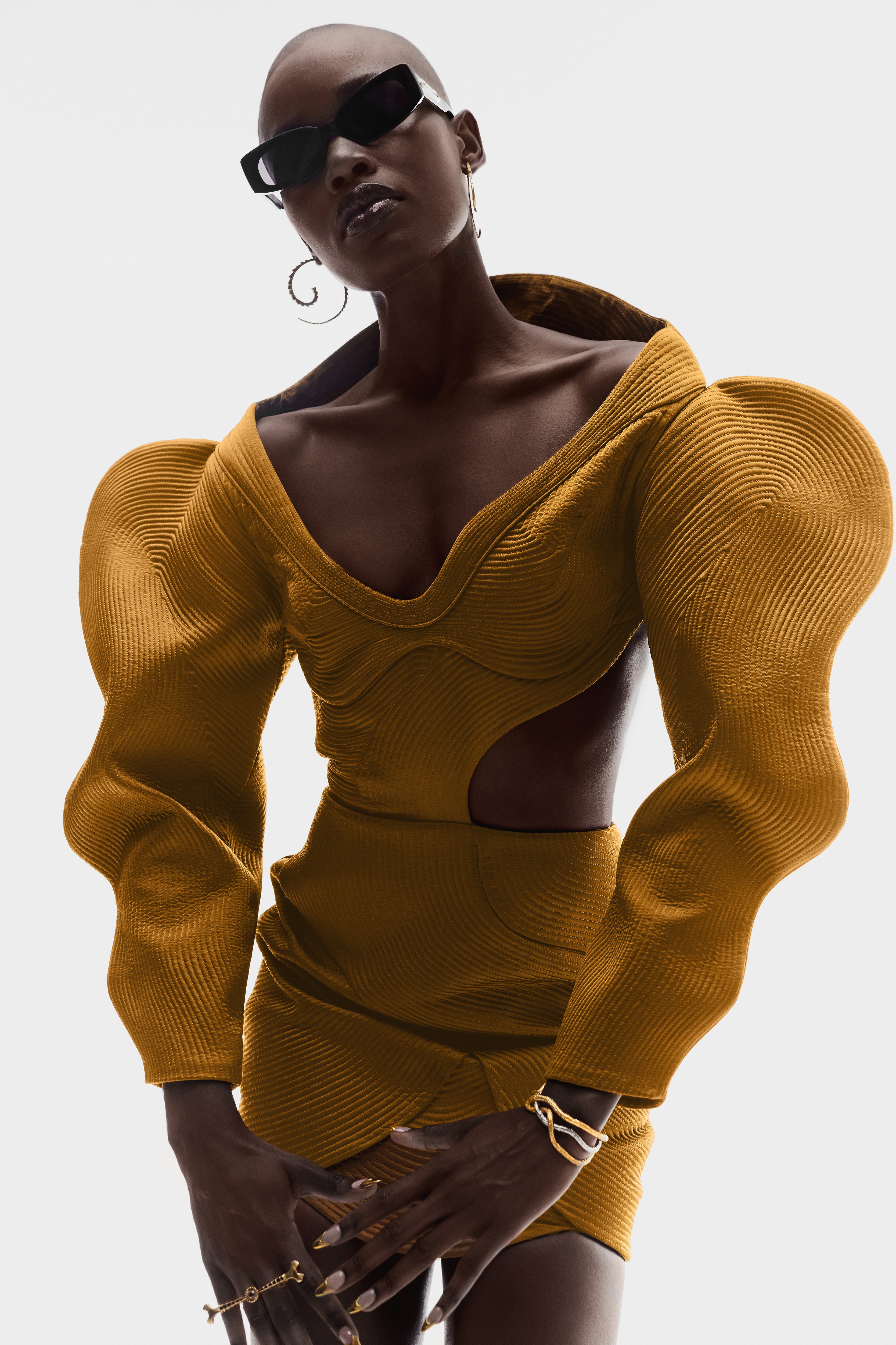 QUILTED SATIN MINI DRESS IN RUSTIC GOLD