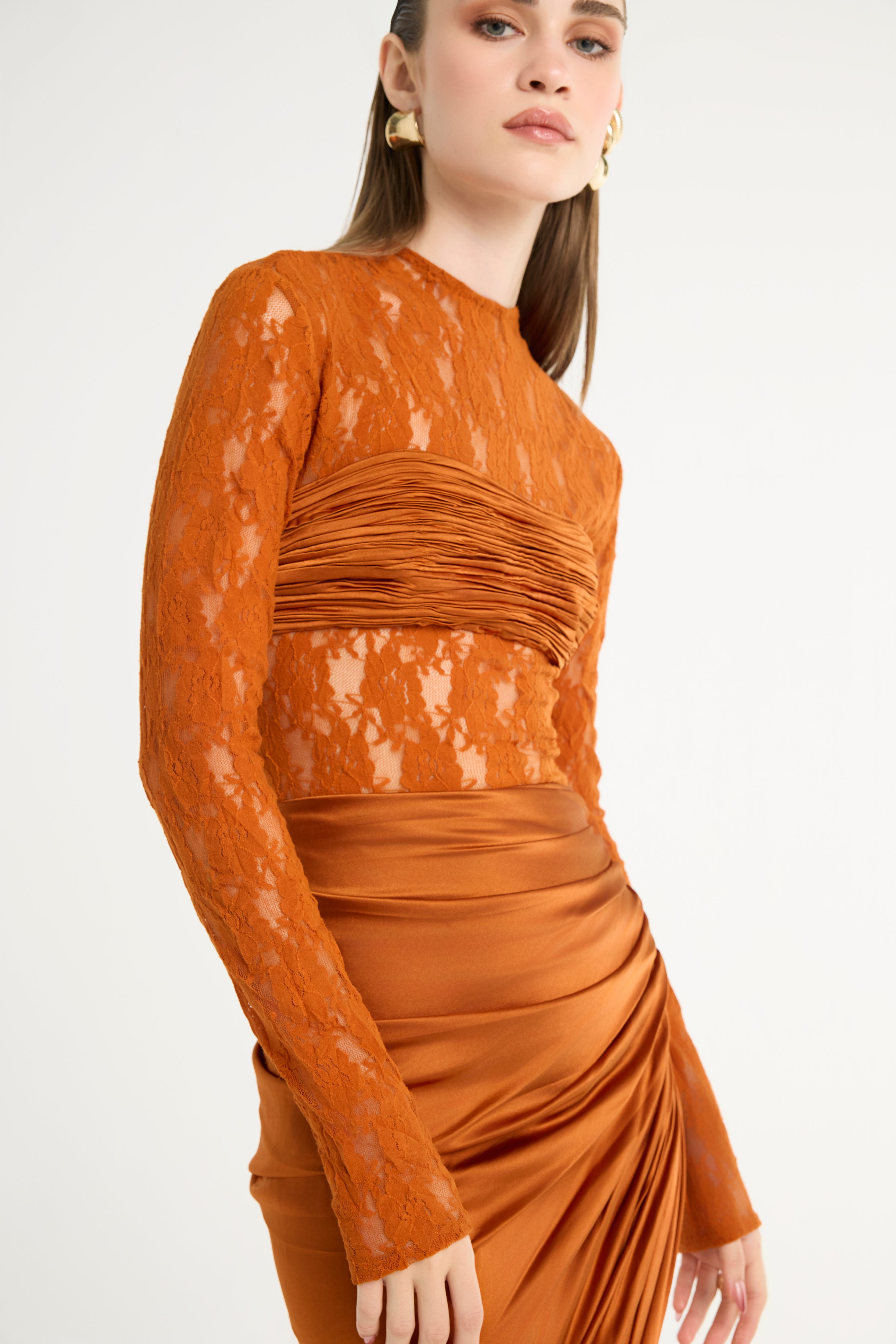 Ruched Satin and Lace Bodysuit in Orange