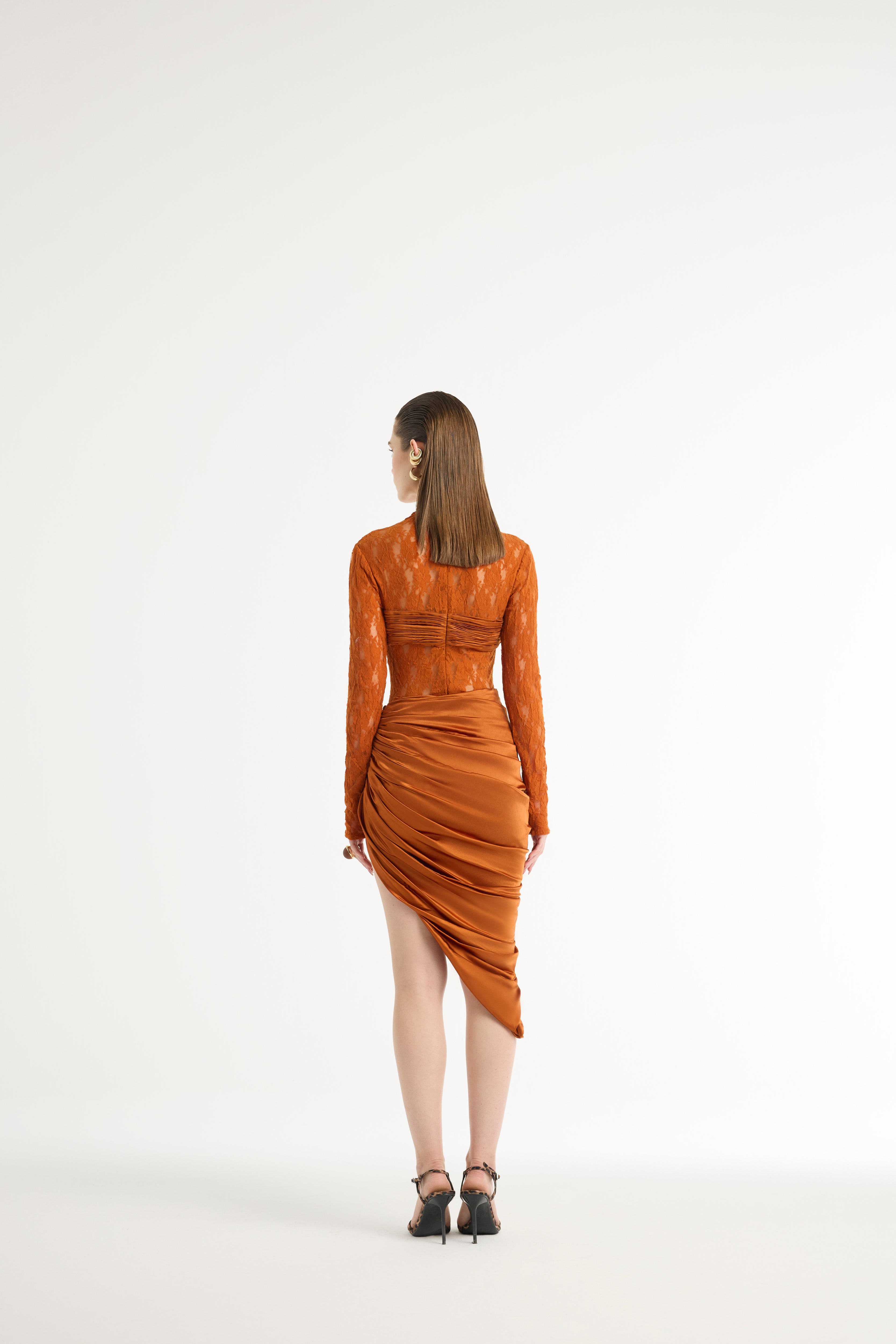 Ruched Satin and Lace Bodysuit in Orange