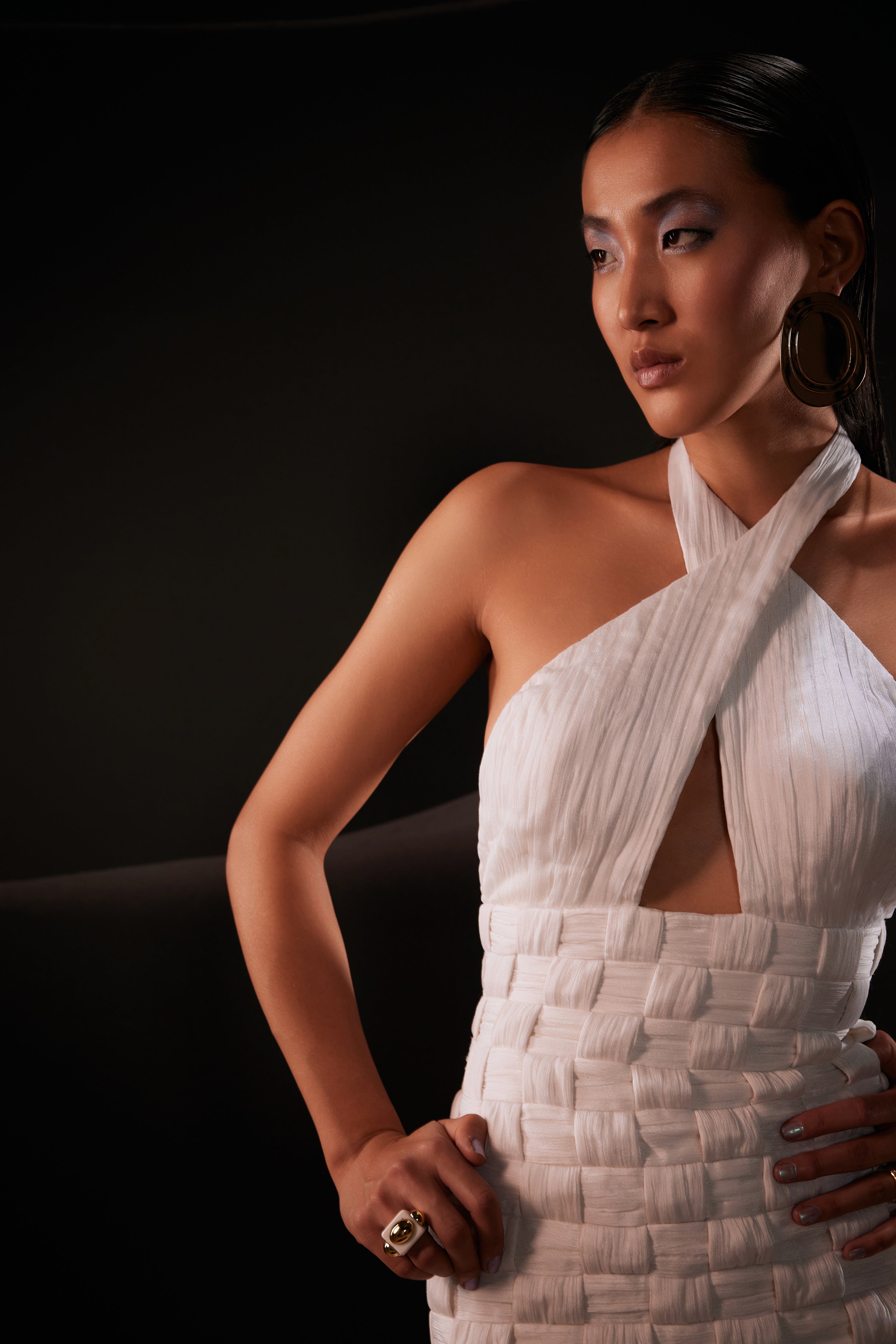 Woven Halterneck Midi Dress in White