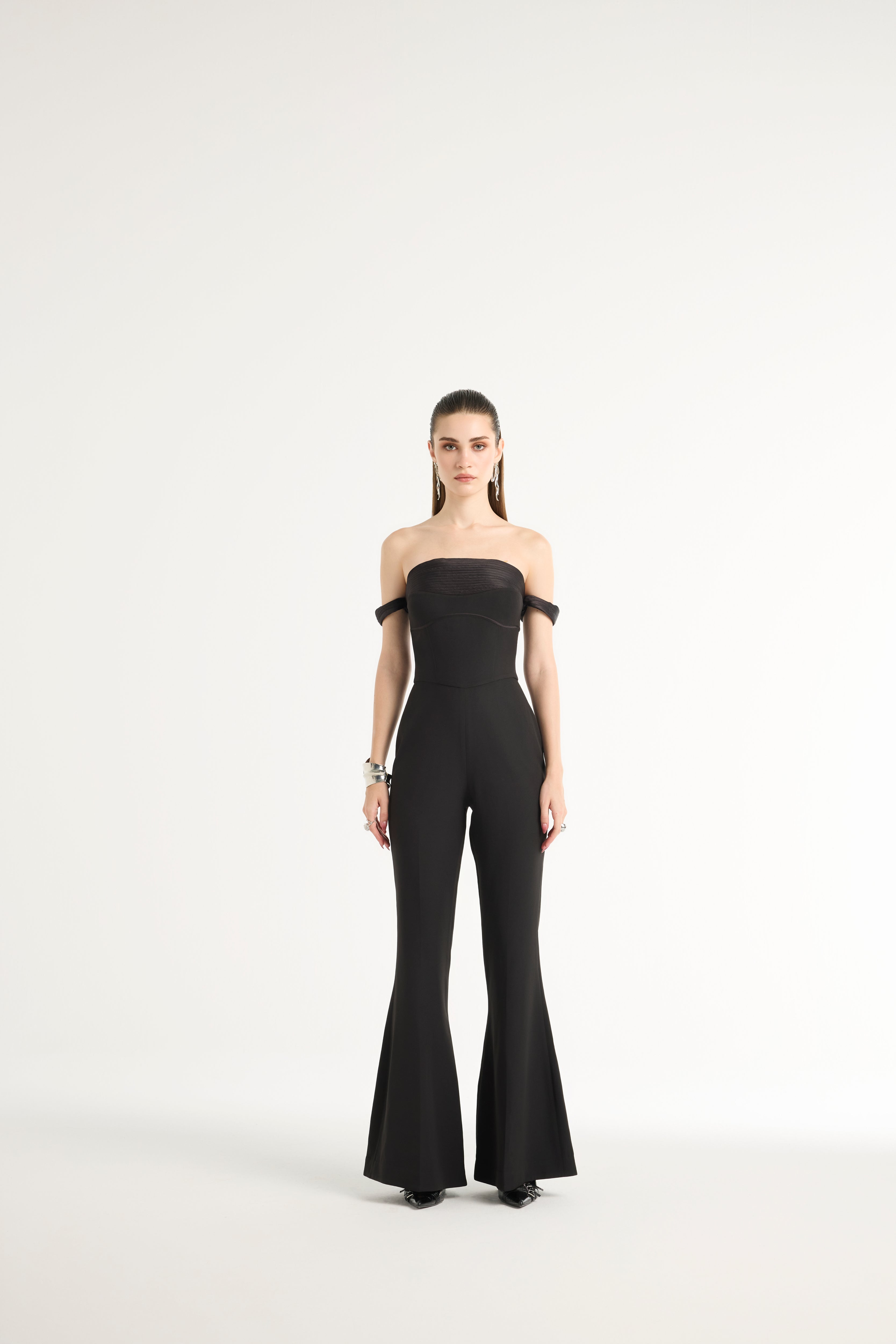 Off-Shoulder Pleated Jumpsuit in Black