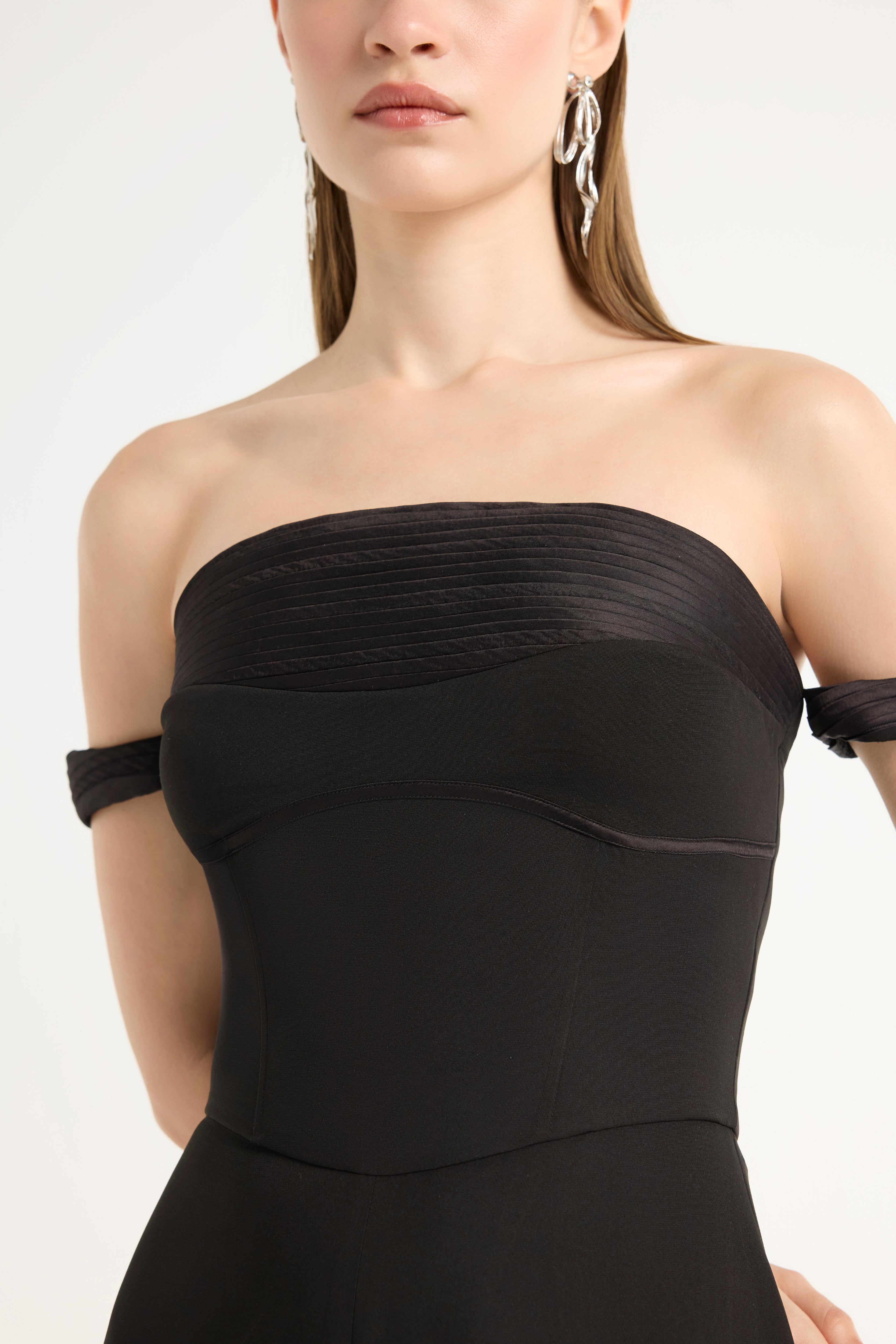 Off-Shoulder Pleated Jumpsuit in Black