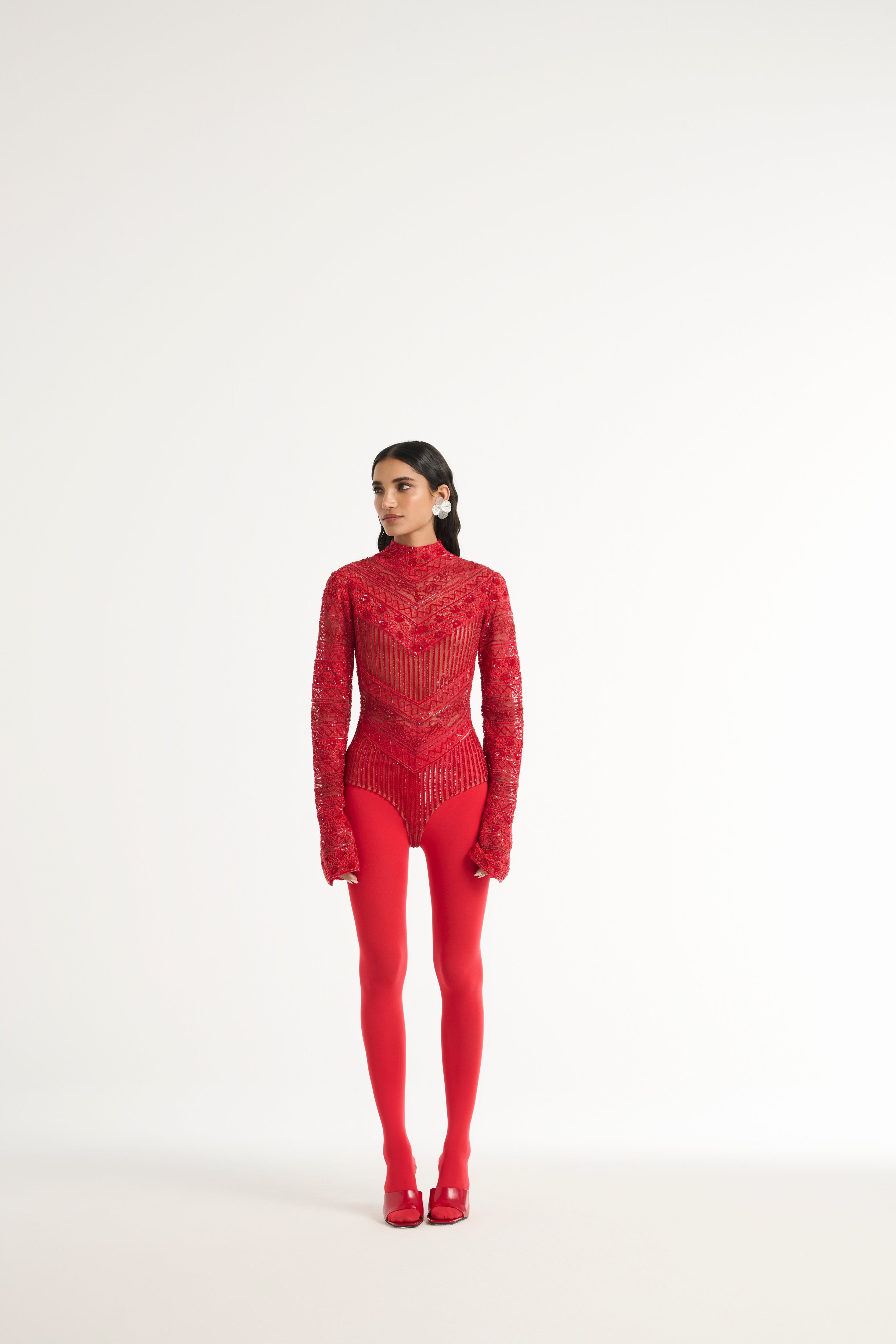 Embroidered Lace Bodysuit in Red