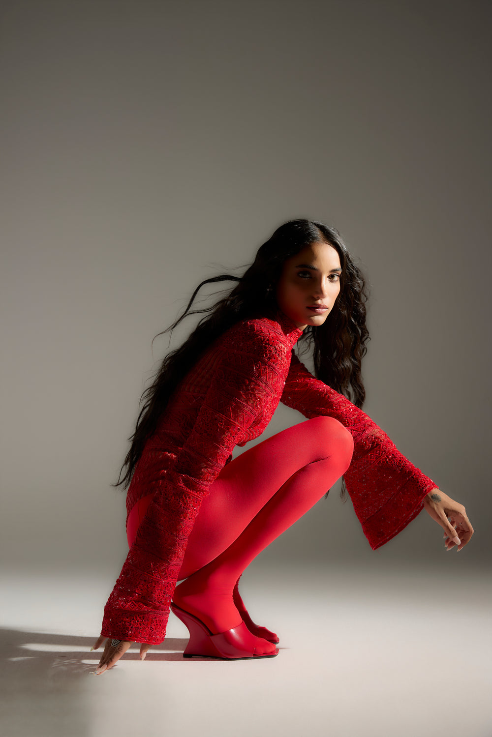 Embroidered Lace Bodysuit in Red