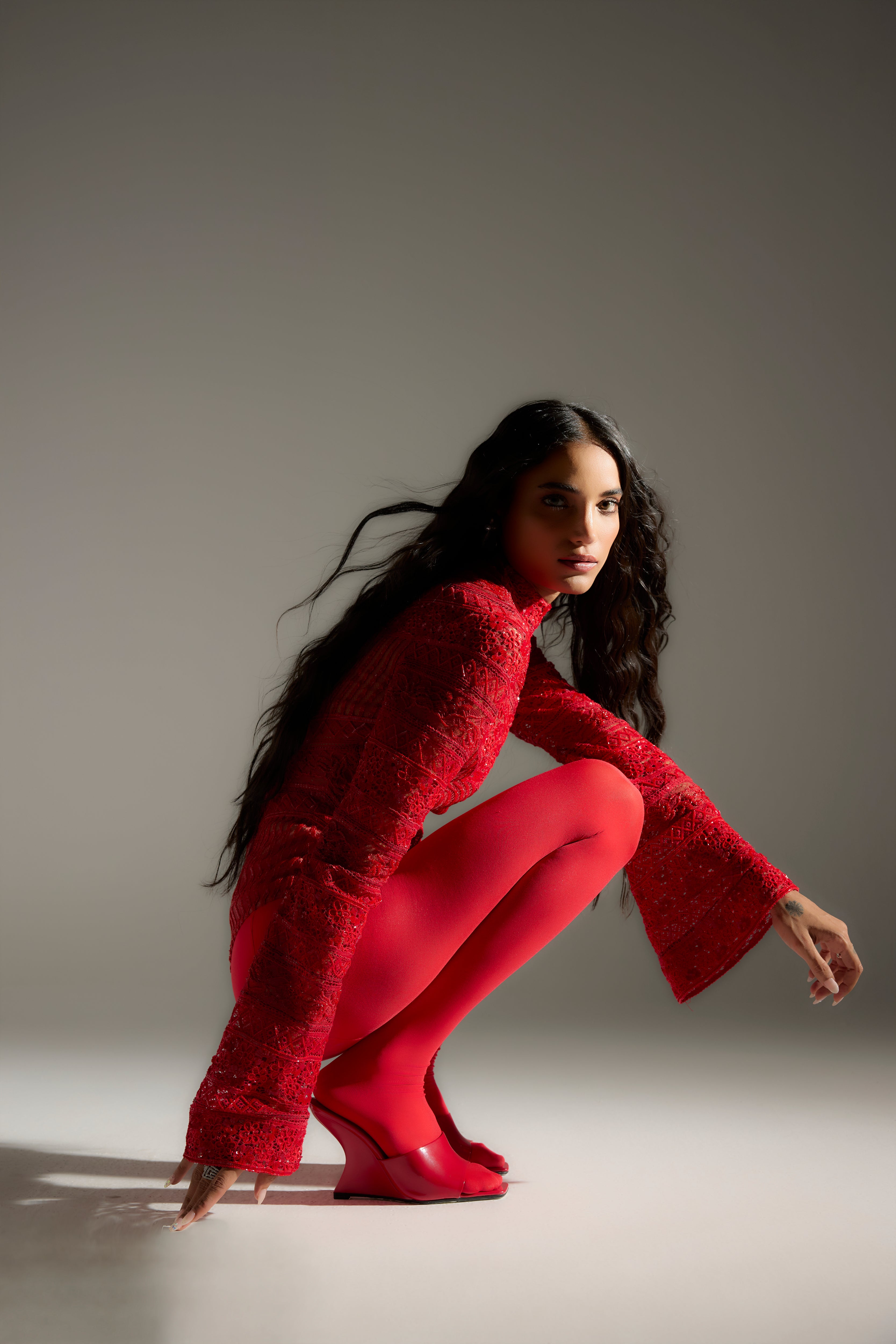 Embroidered Lace Bodysuit in Red