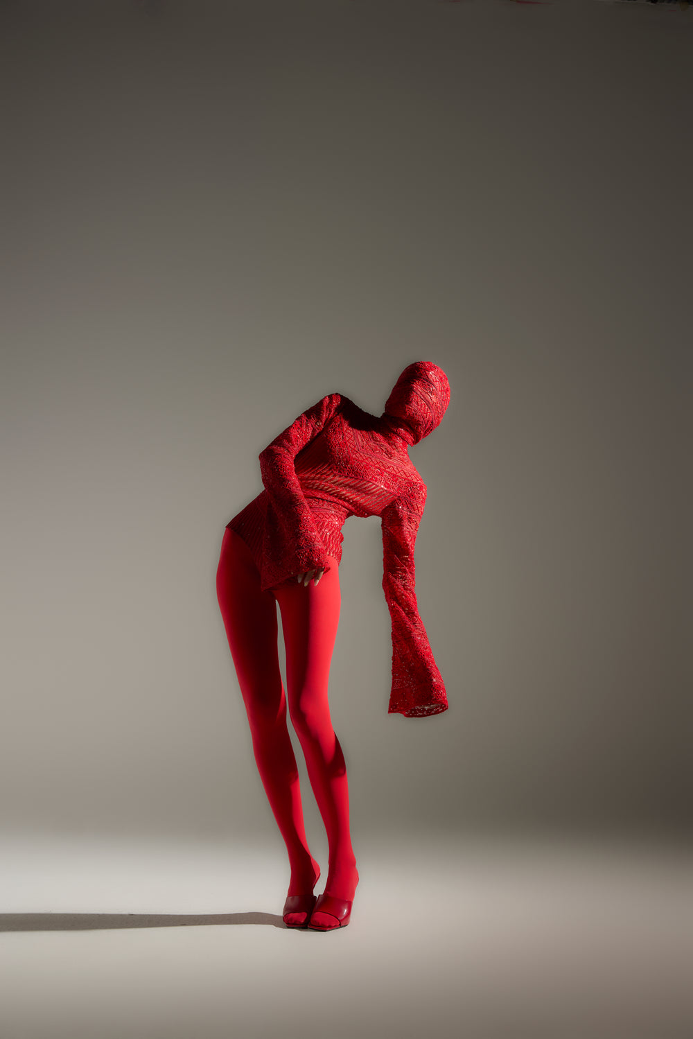 Embroidered Lace Bodysuit in Red