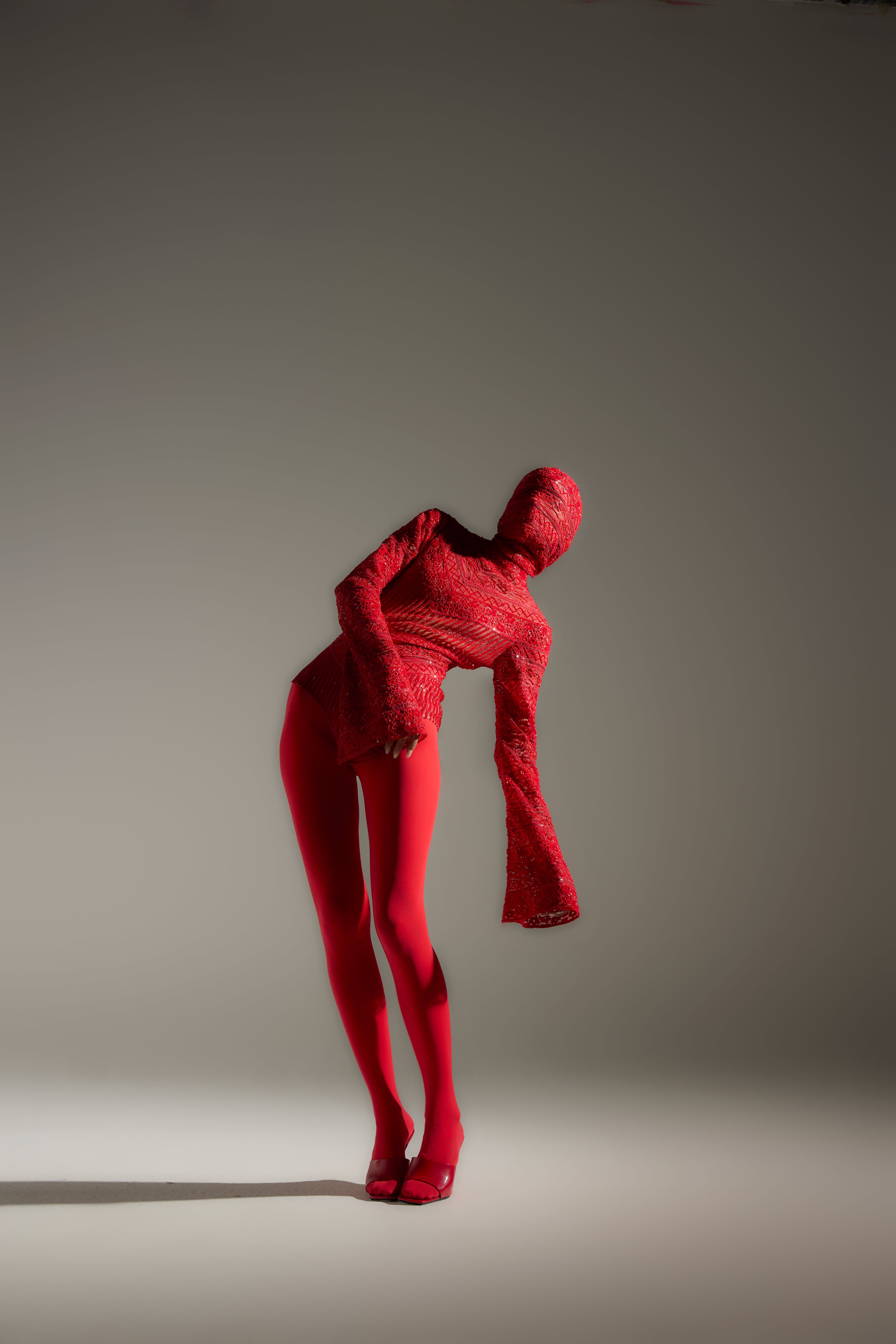 Embroidered Lace Bodysuit in Red