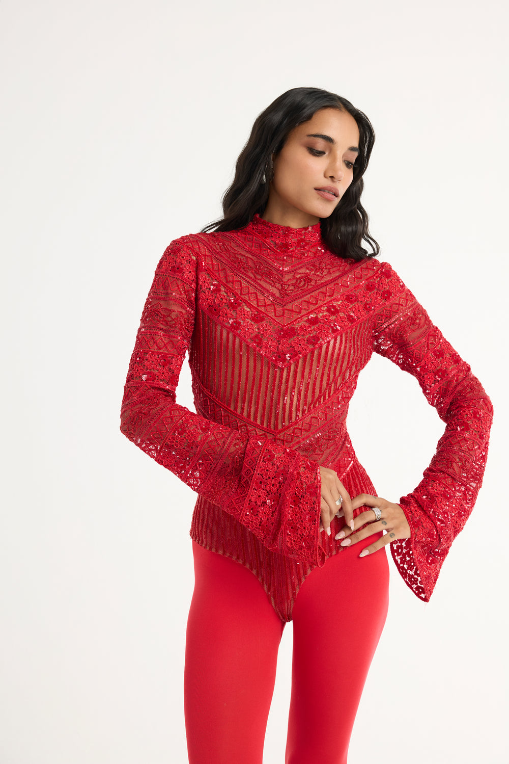 Embroidered Lace Bodysuit in Red