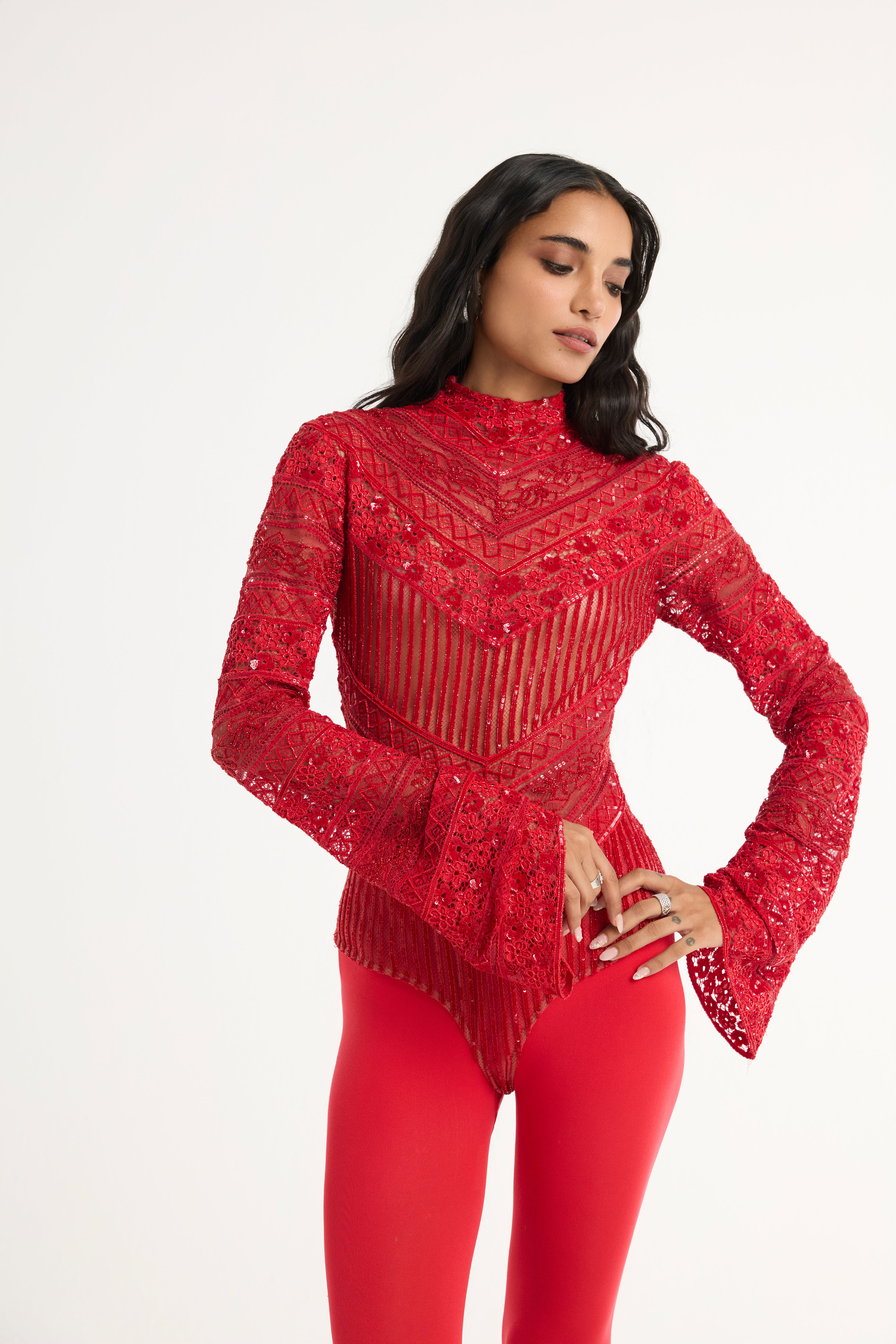 Embroidered Lace Bodysuit in Red