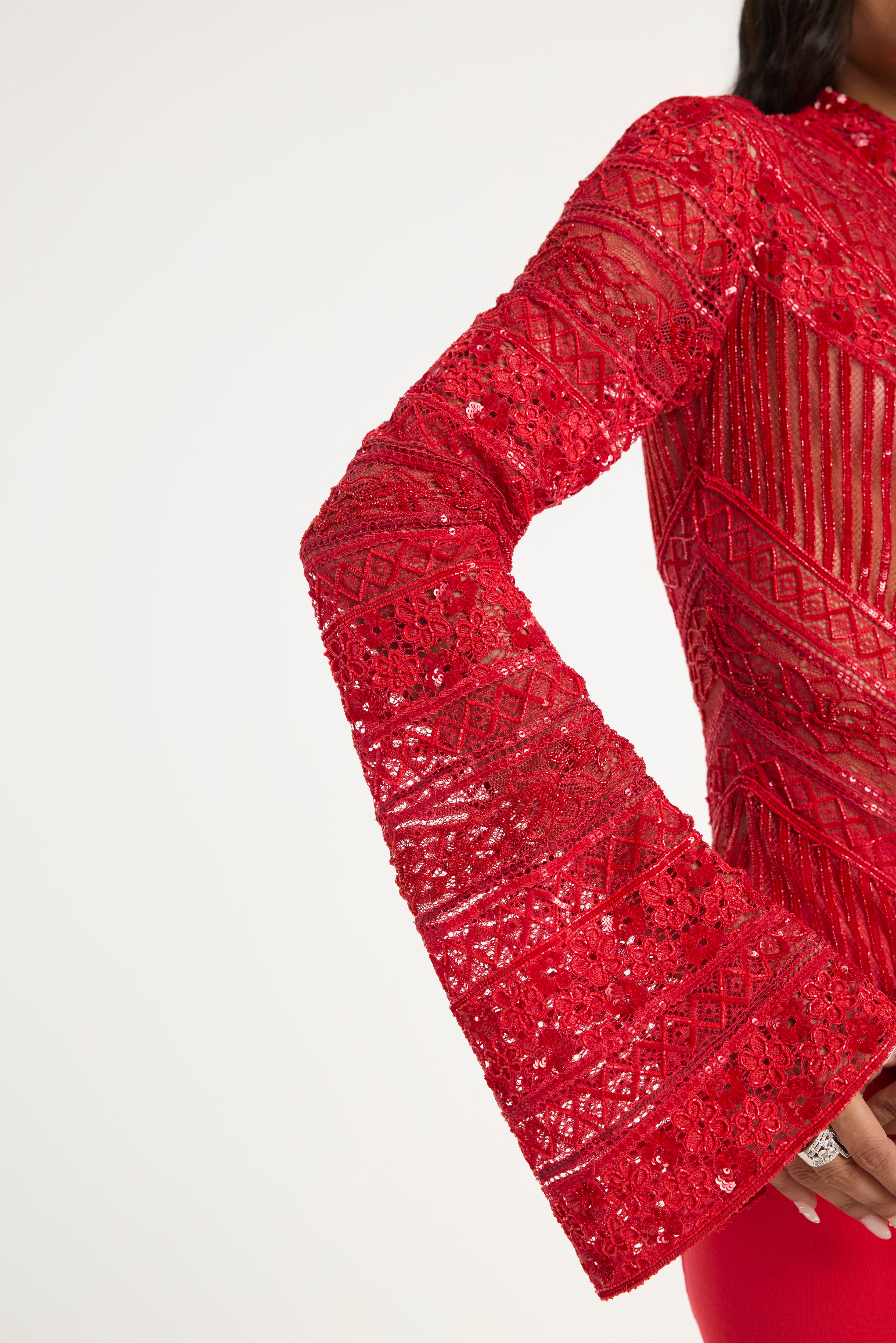 Embroidered Lace Bodysuit in Red