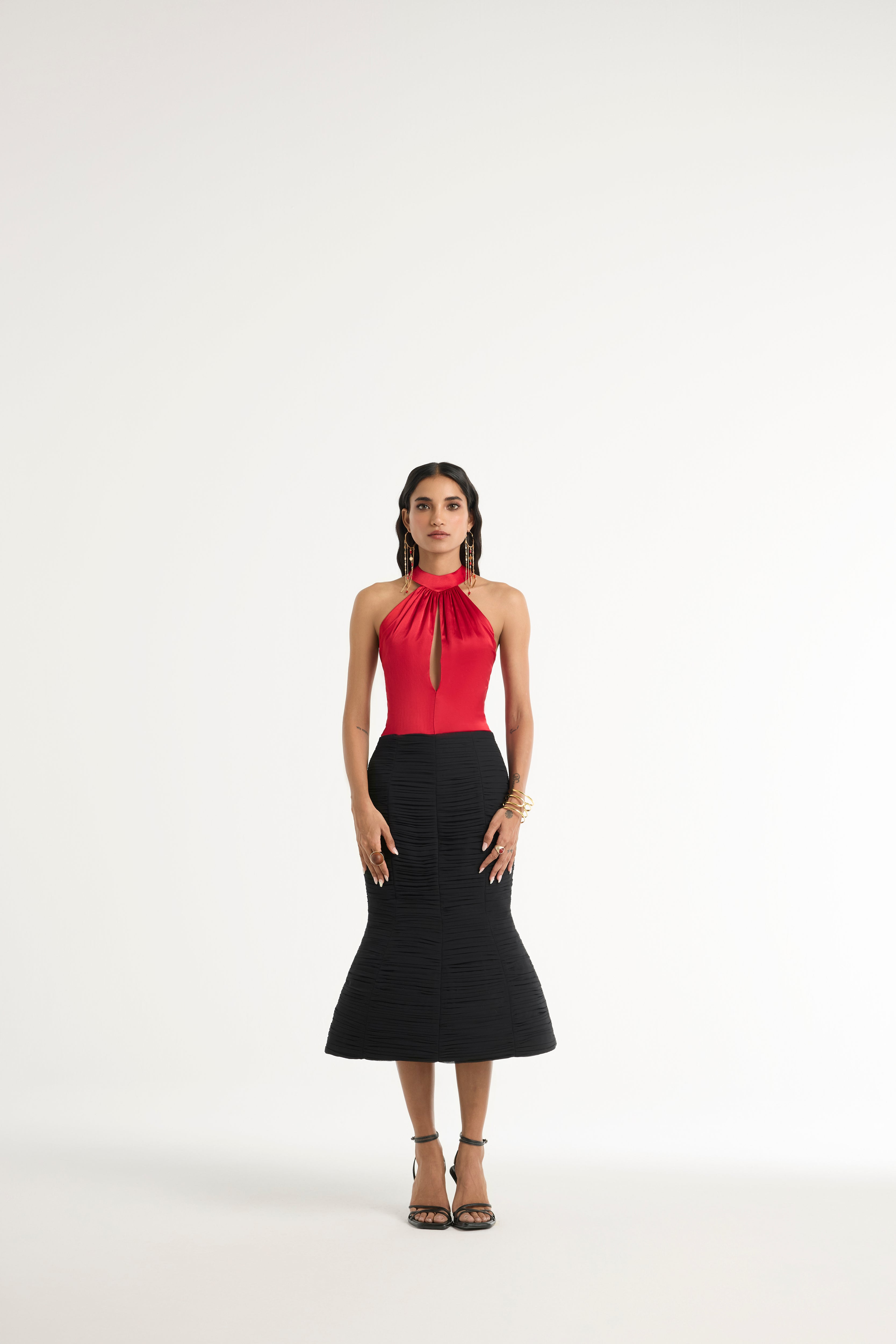 Ruched Dome Midi Skirt in Black