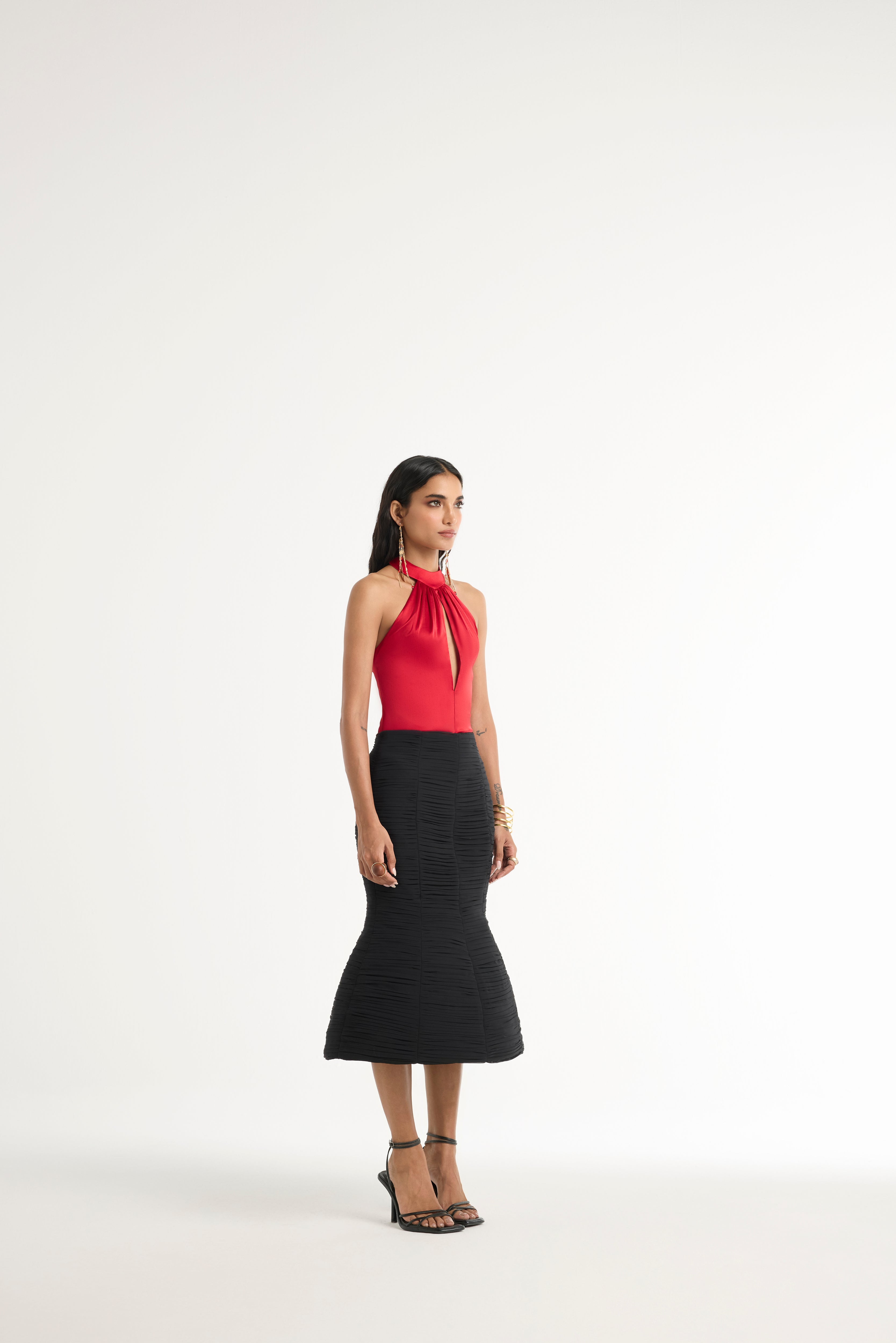 Ruched Dome Midi Skirt in Black