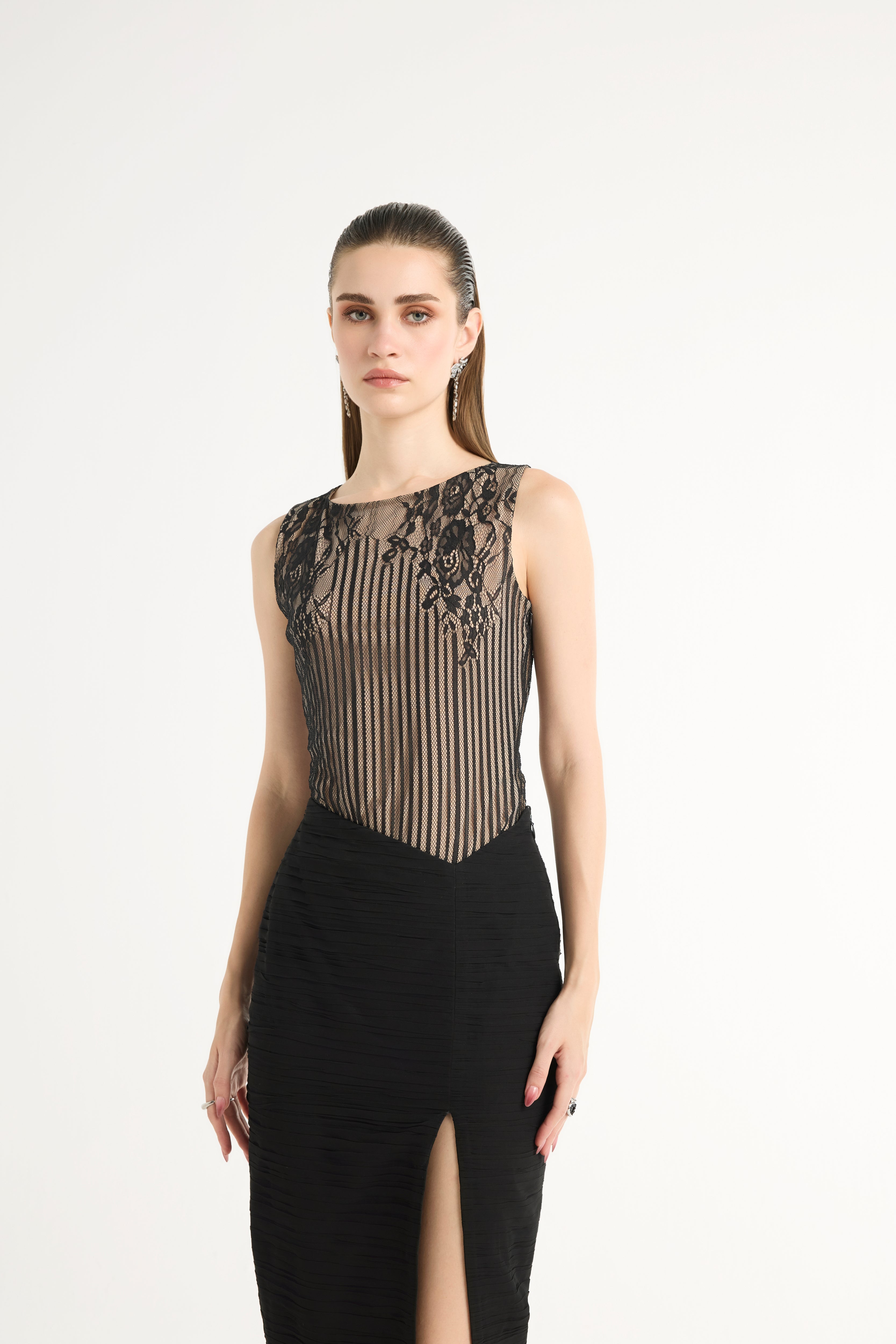 Lace Cut-Out Bodysuit in Black