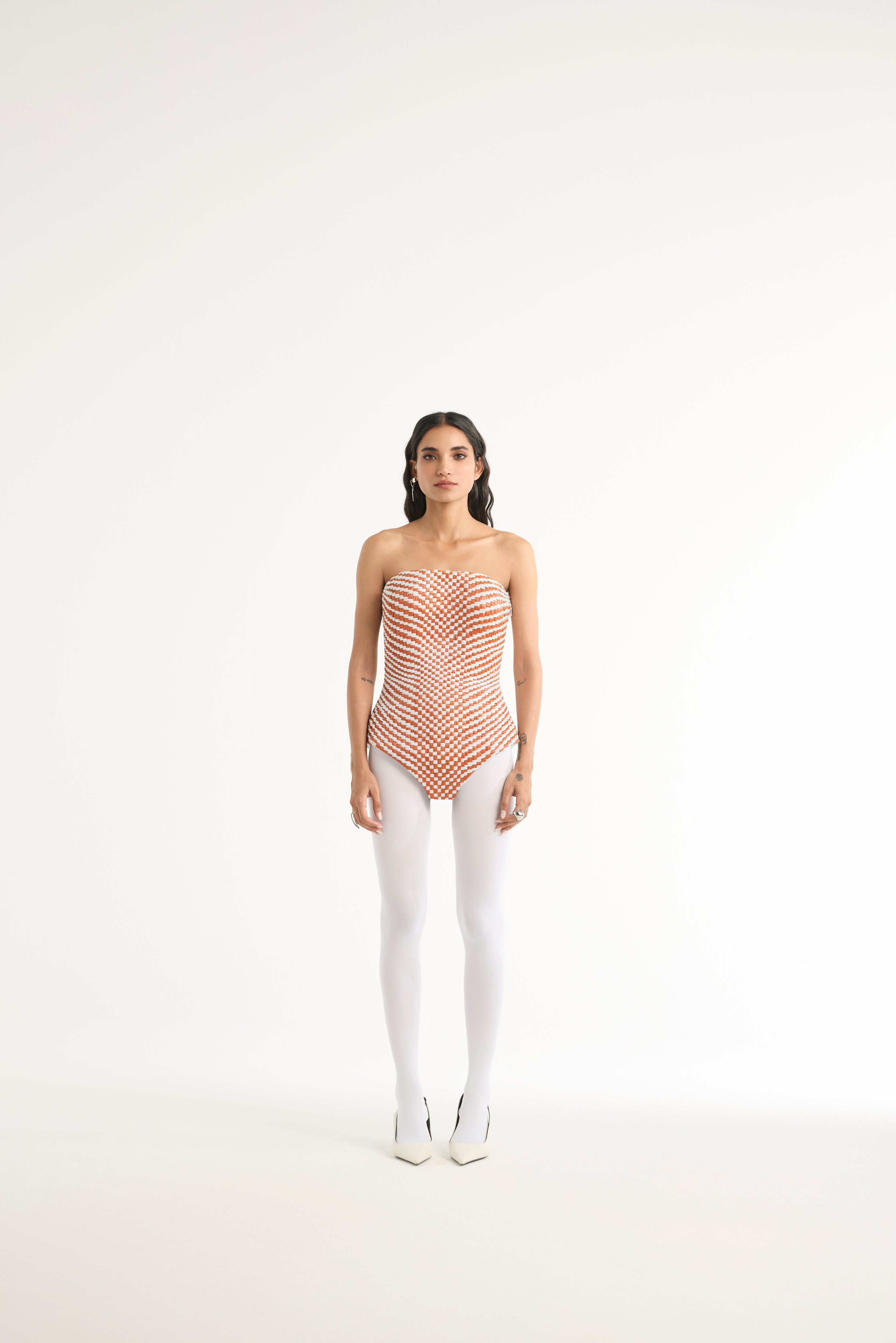 Woven Raffia Bodysuit with Detachable Cape
