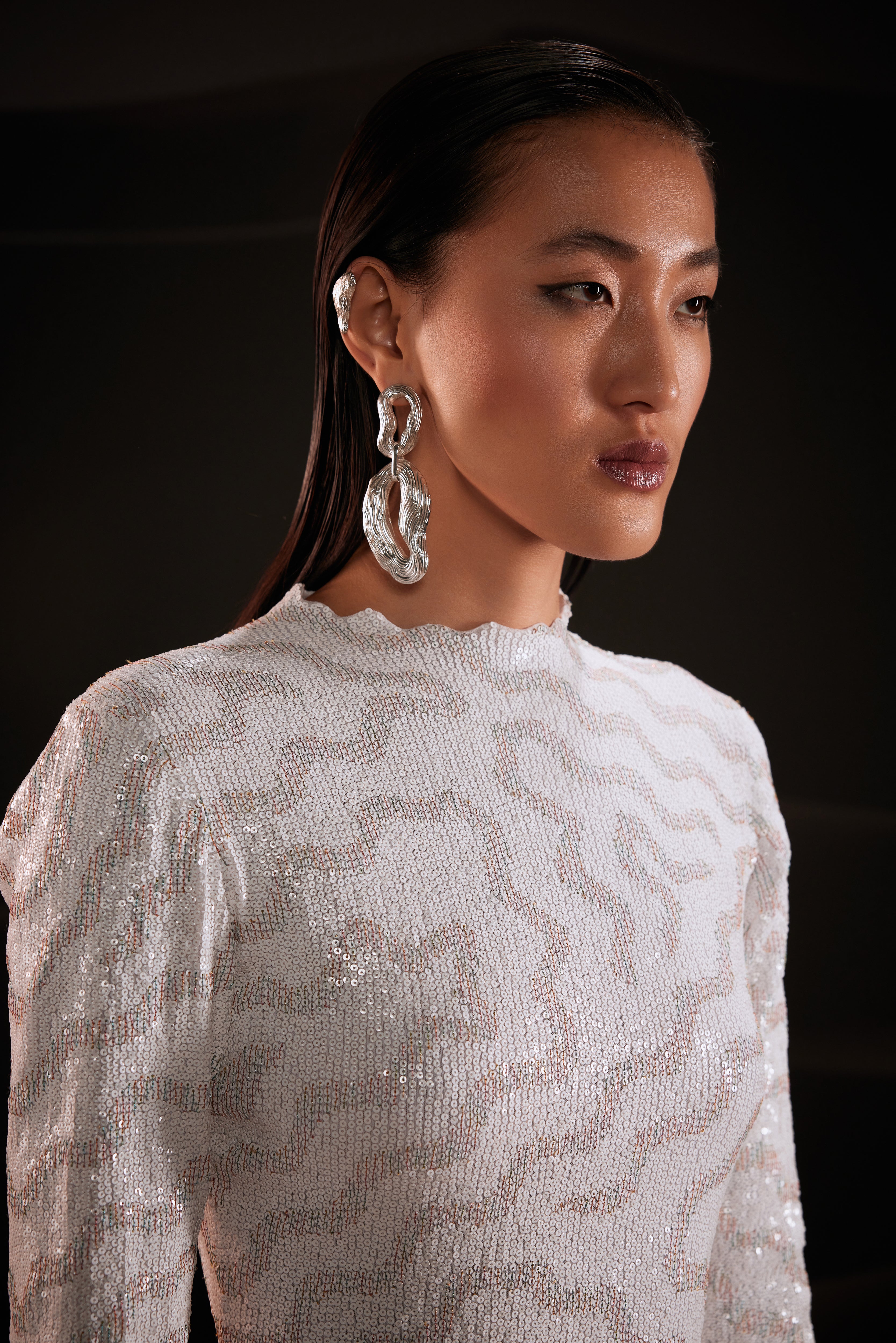 Thread Embroidered Sequin Mini Dress in White