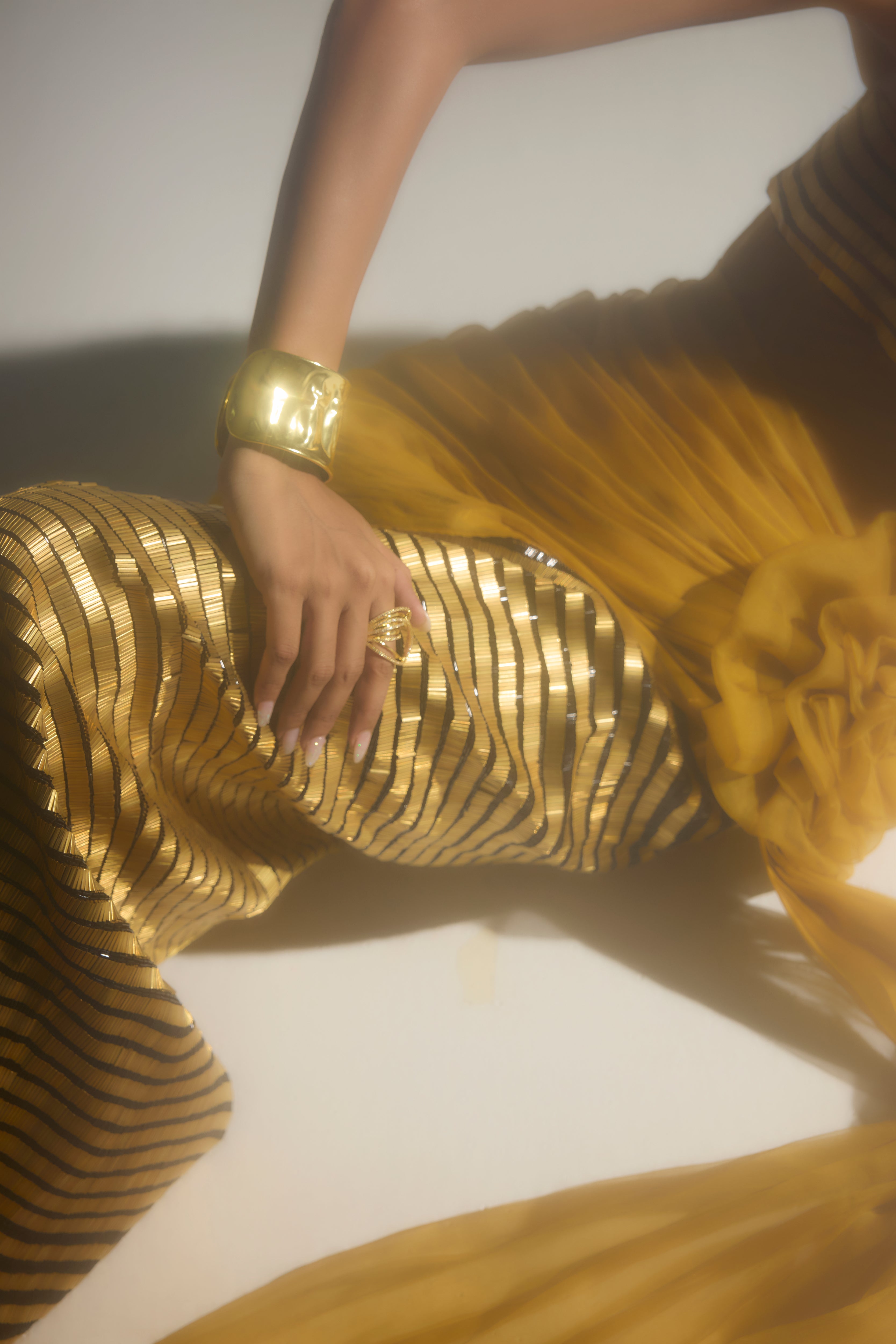 Metal Embroidered Gown with Detachable Cape in Gold