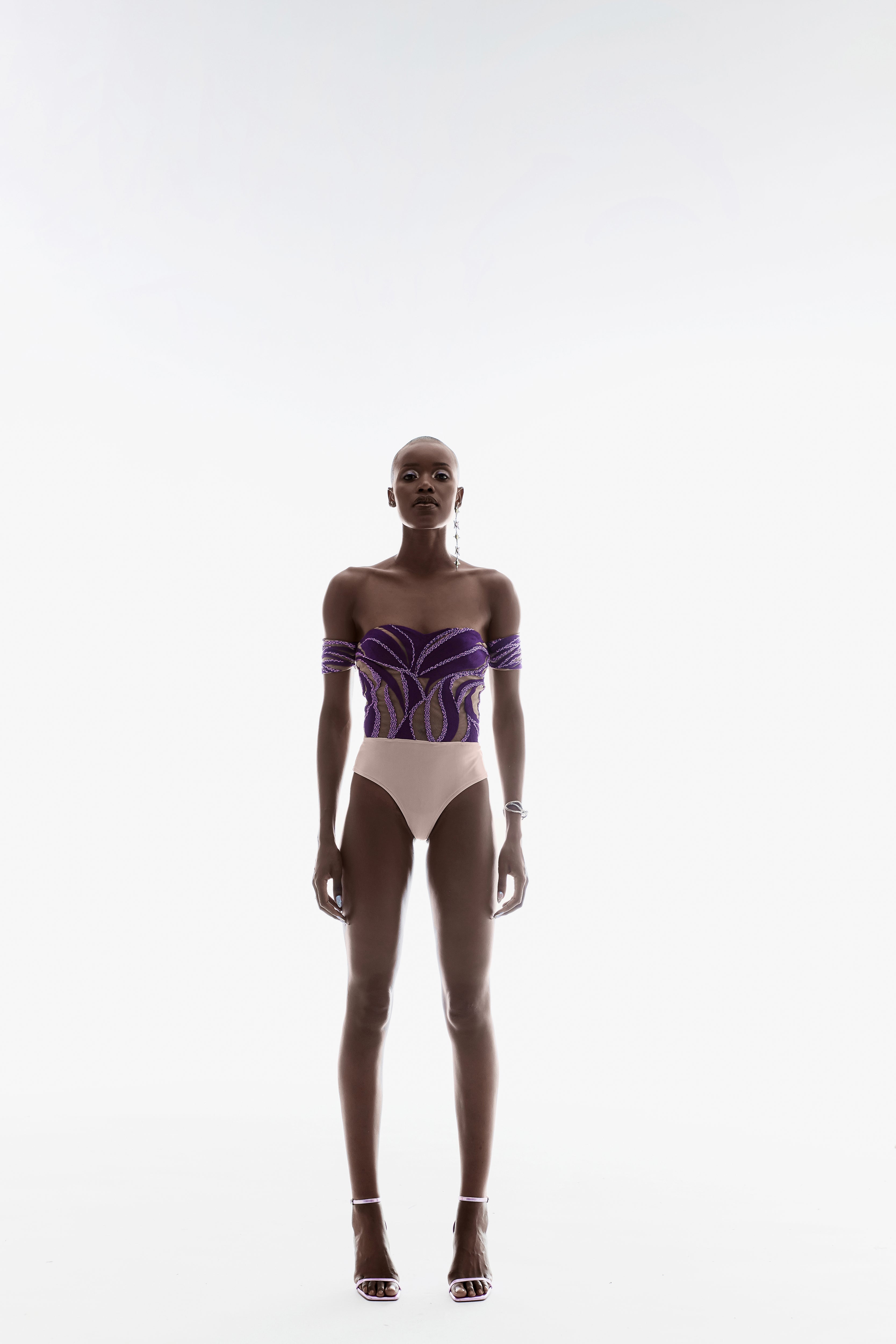 OFF-SHOULDER EMBROIDERED BODYSUIT IN PURPLE