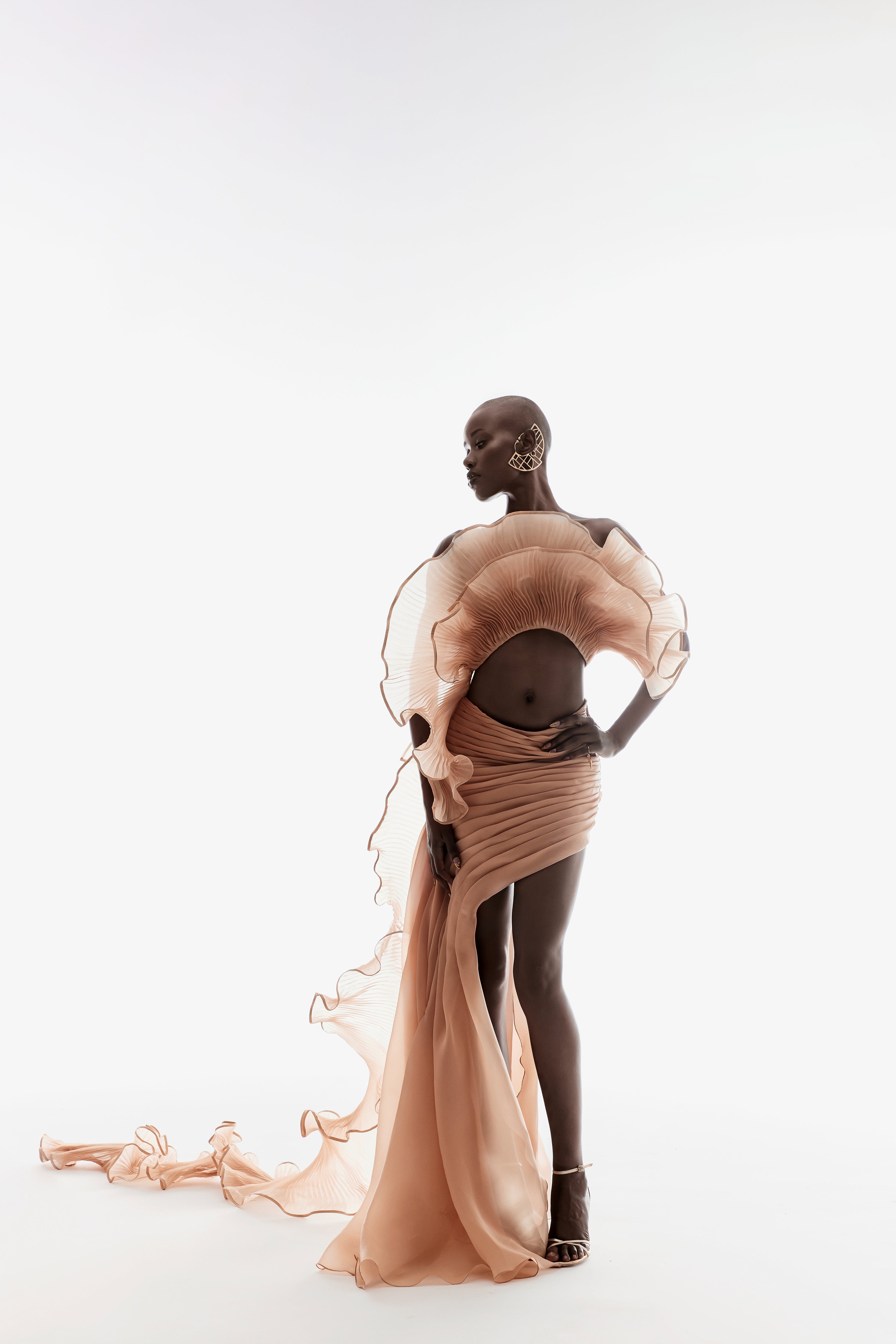 DRAPED AND PLEATED CUT-OUT MAXI IN LIGHT GOLD