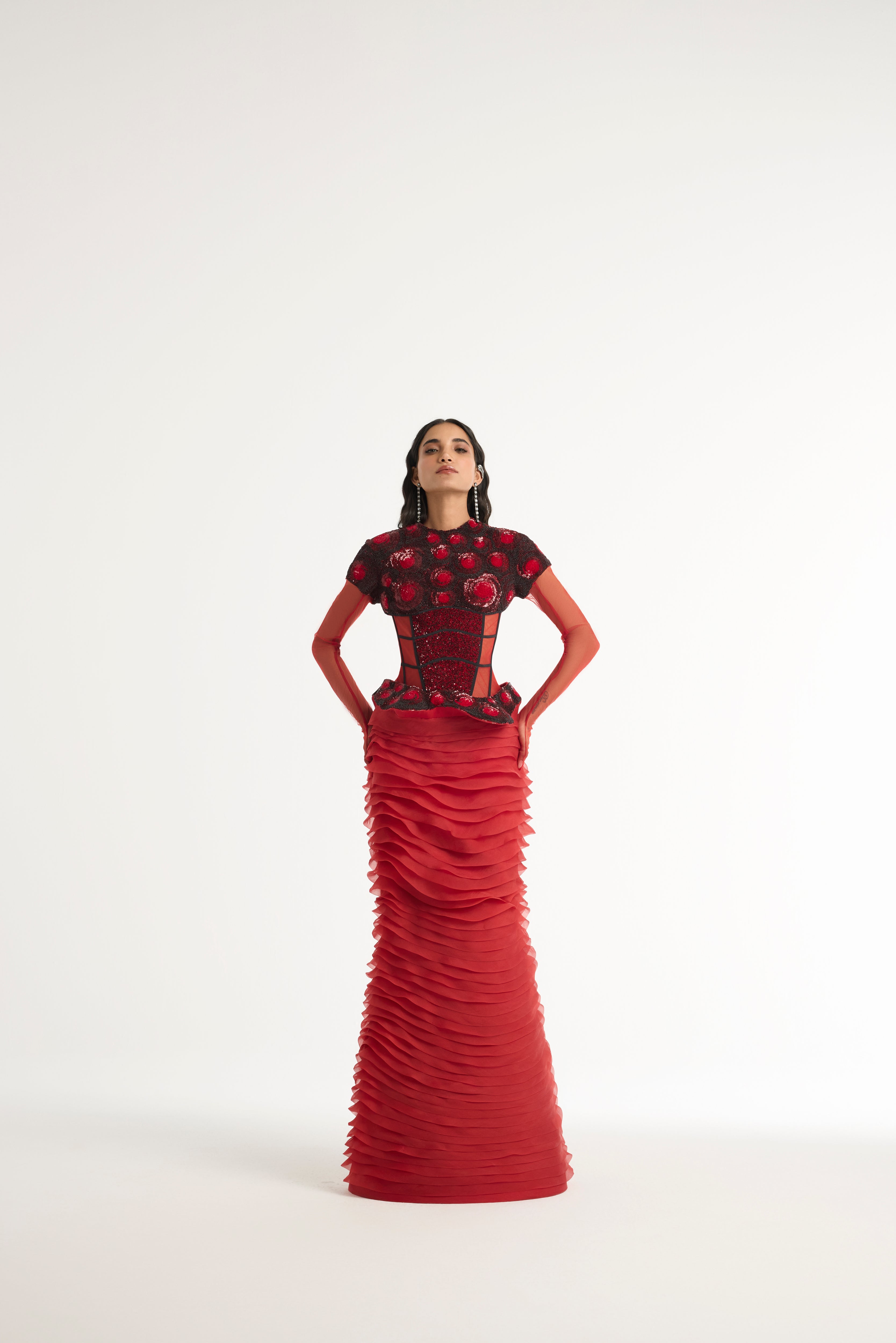 Embroidered Structured Gown with Detachable Veil in Red