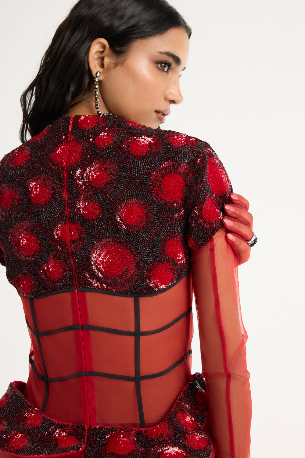 Embroidered Structured Gown with Detachable Veil in Red