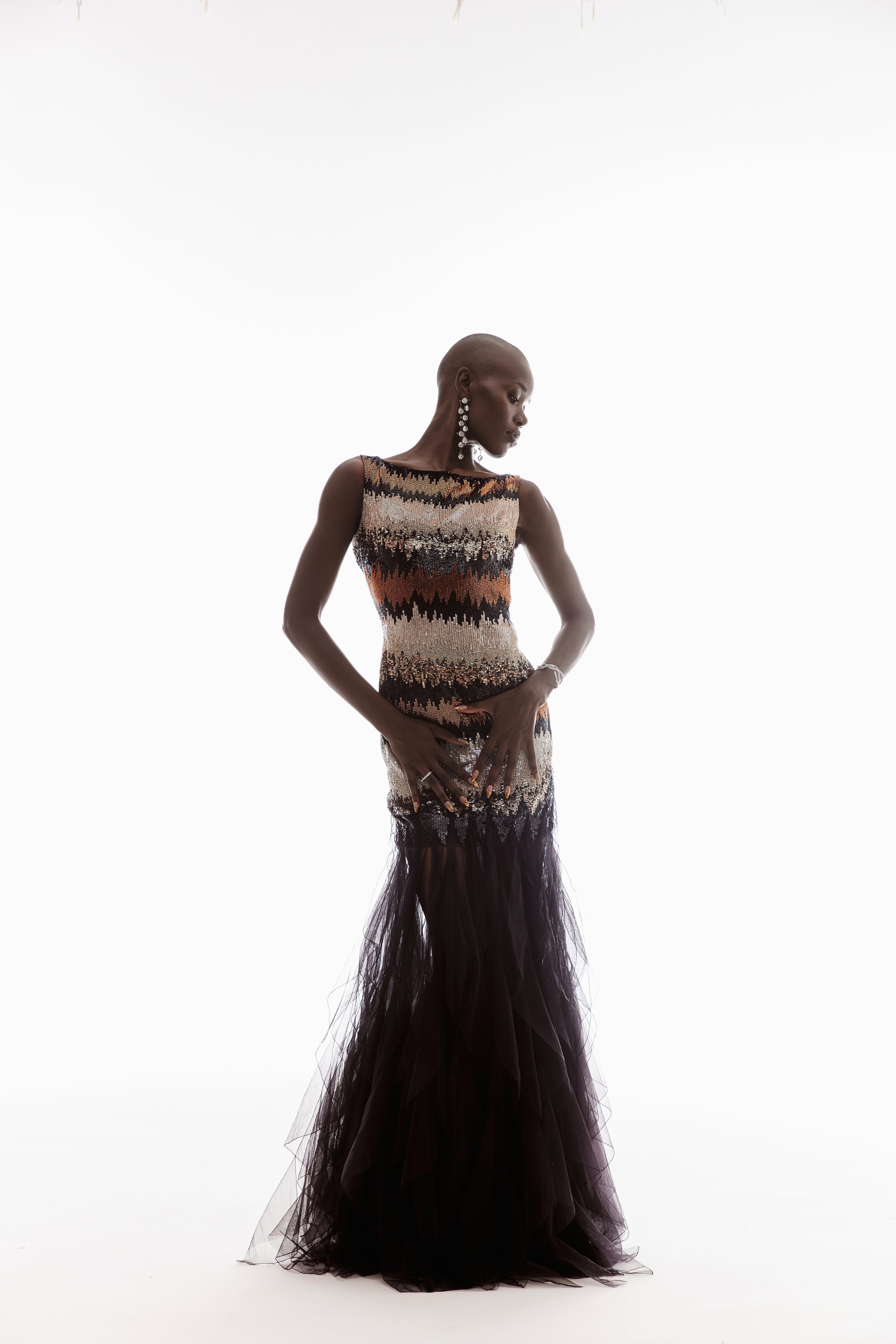 HAND-EMBELLISHED RUFFLE GOWN IN BLACK