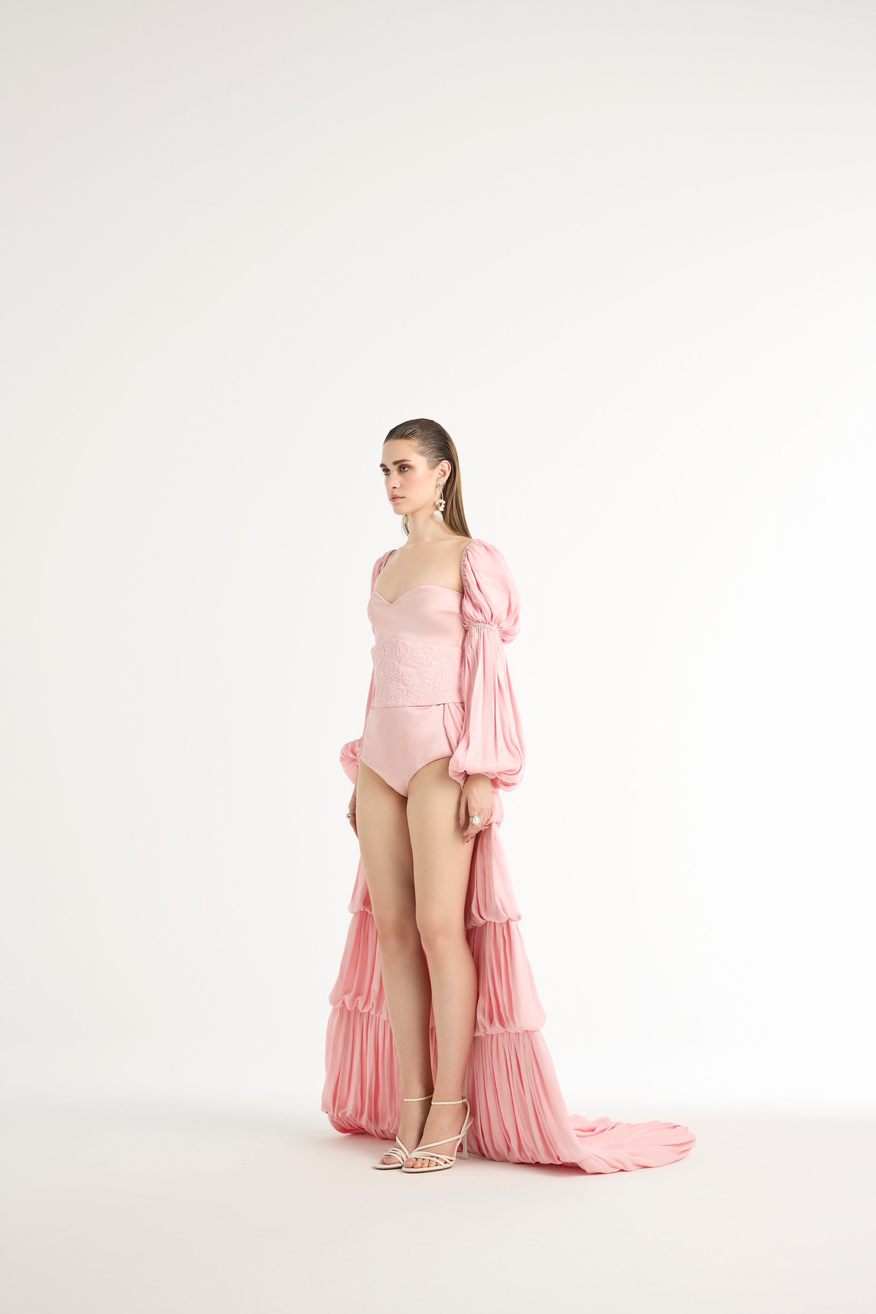 Marie Sleeves Bodysuit with Detachable Trail in Pink