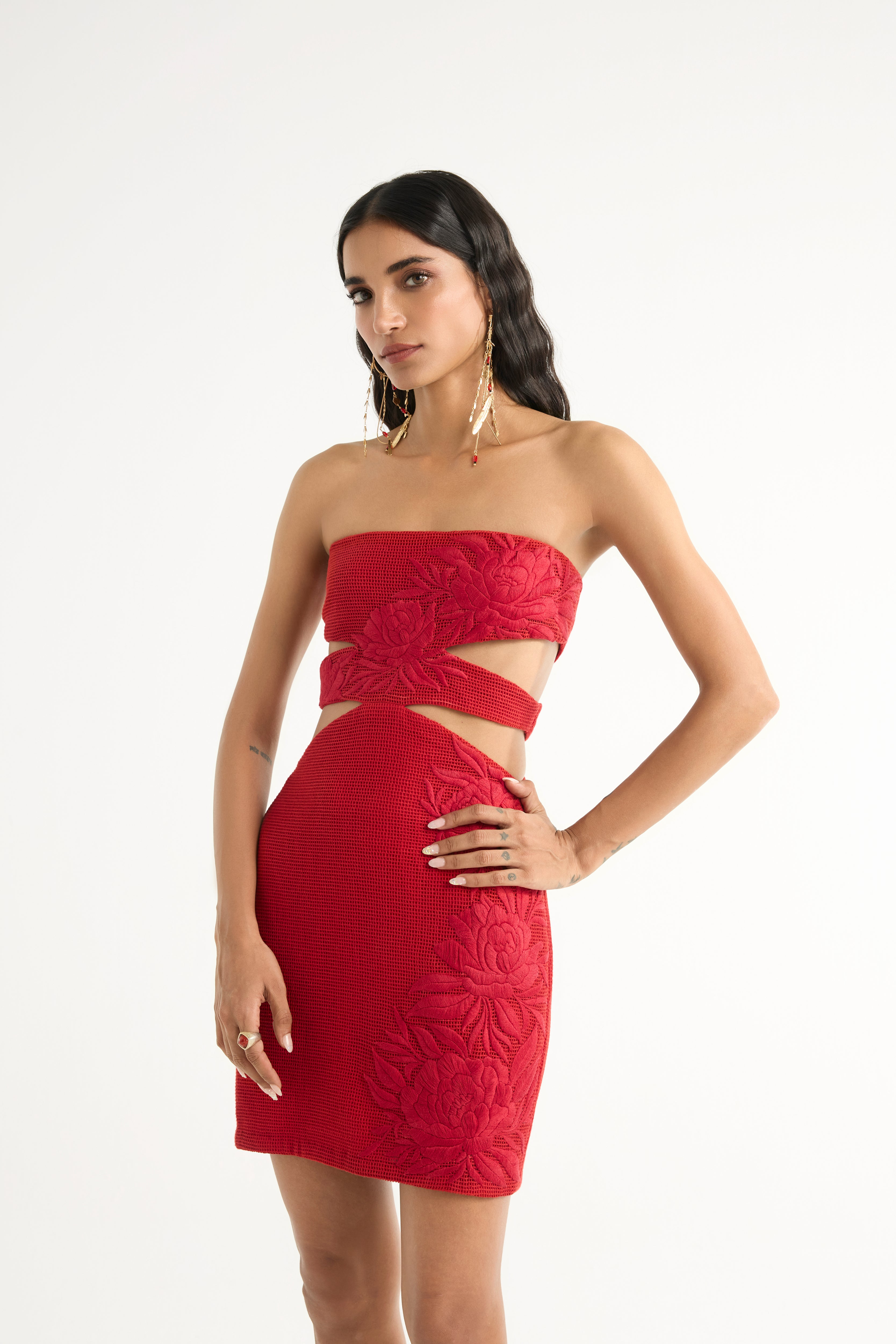 Mesh Bandeau Mini Dress in Red