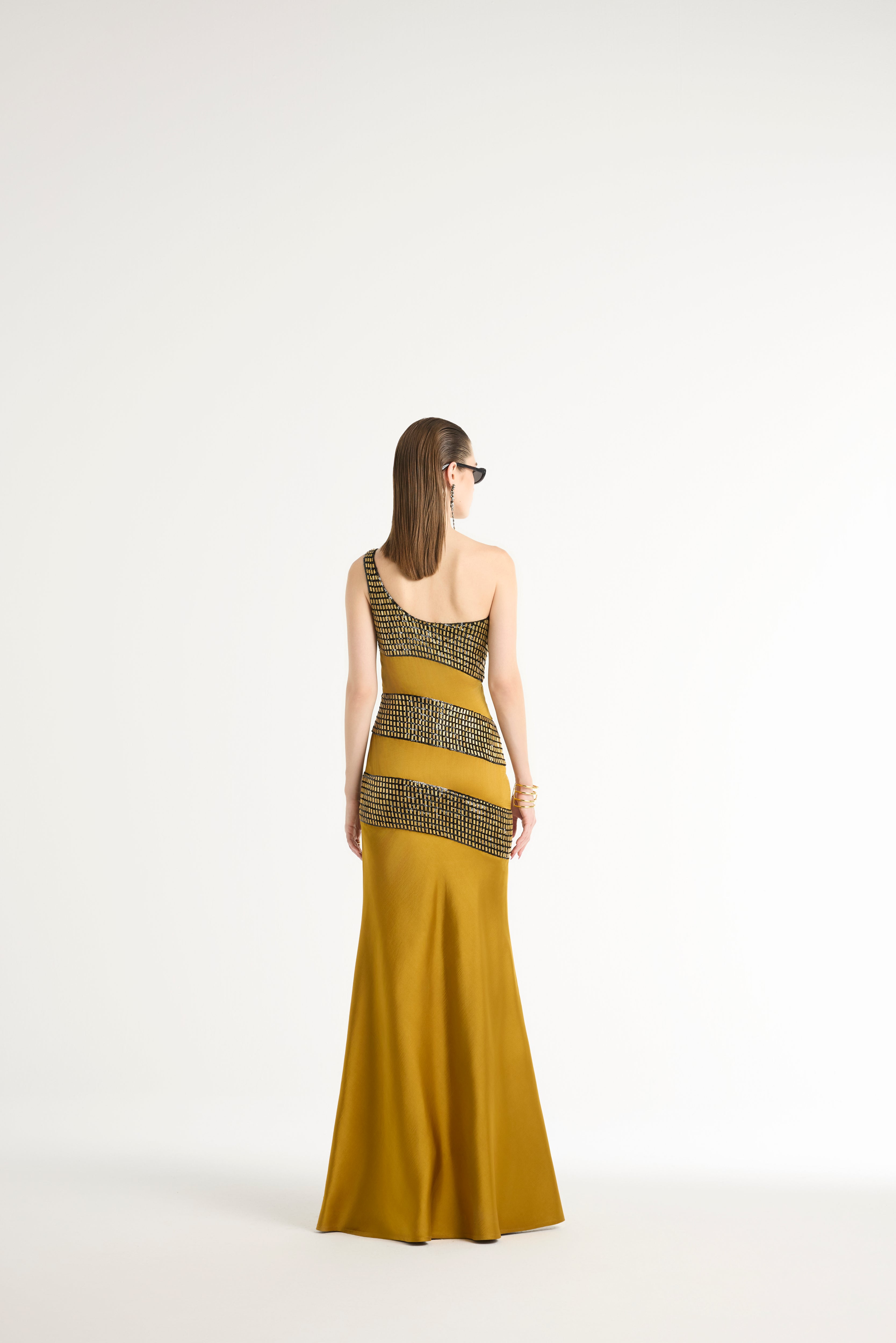 Metal Embellished One-Shoulder Maxi in Gold